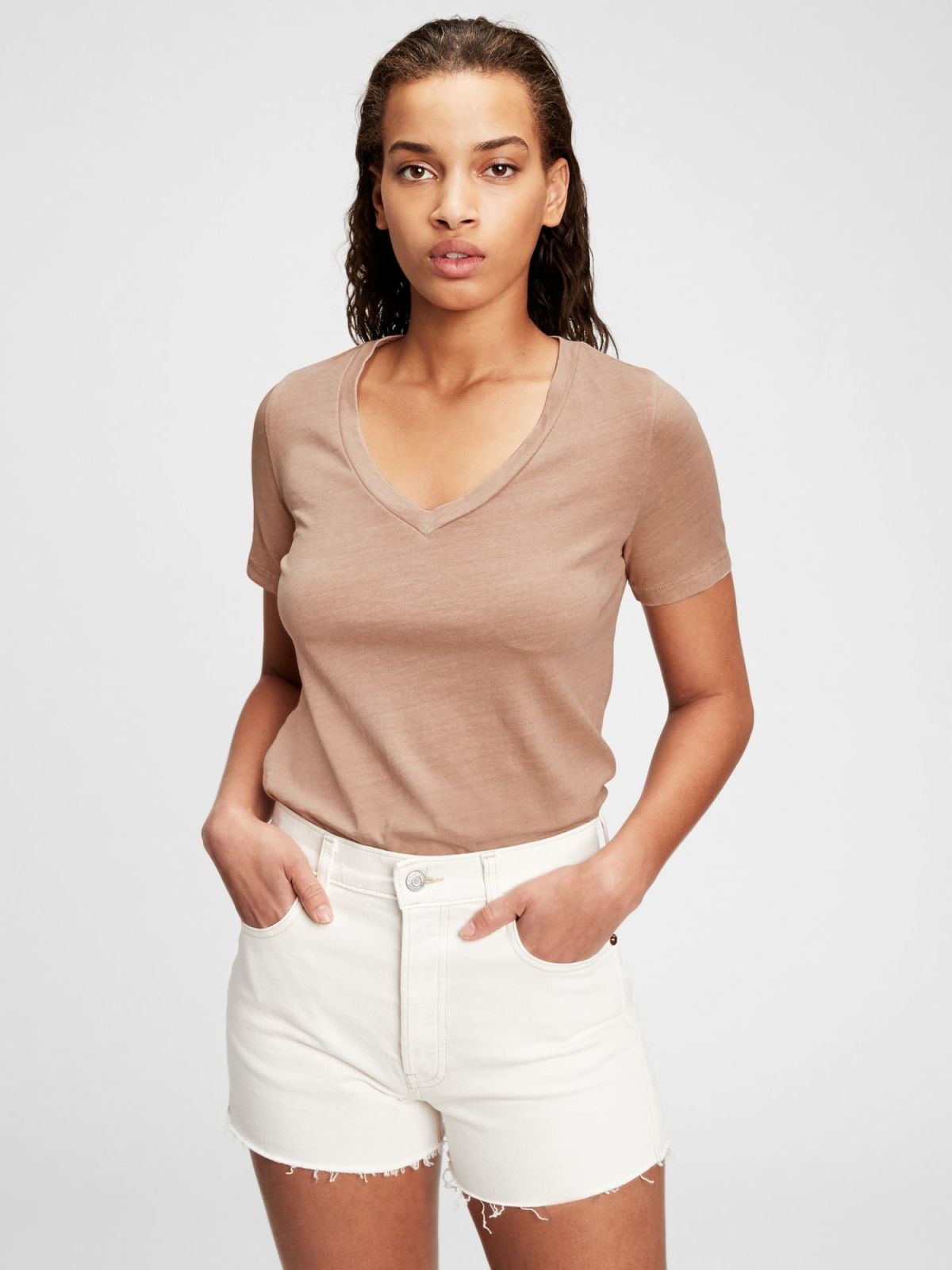 Καφέ Vintage V-Neck Μπλούζα από Οργανικό Βαμβάκι-740140010