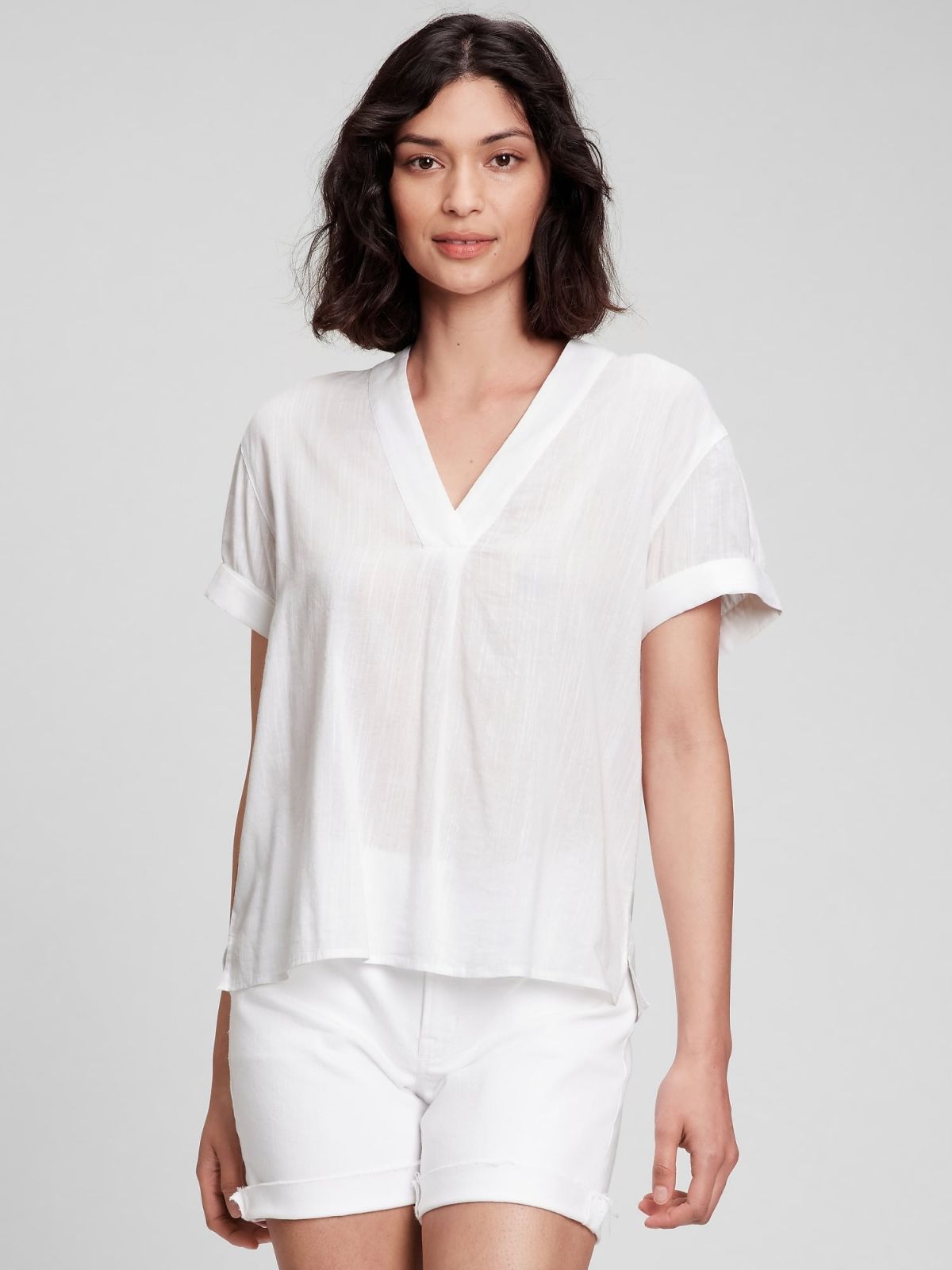 Άσπρη V-Neck Μπλούζα-821616004