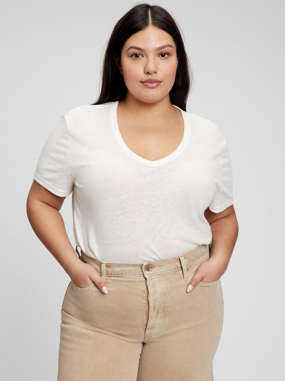 Άσπρη Λινή V-Neck Μπλούζα-799892001