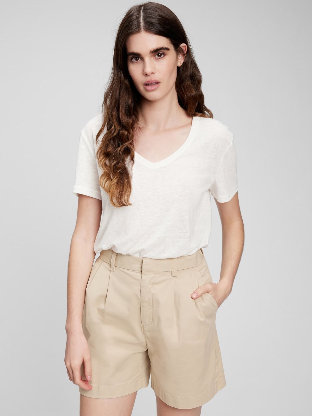 Άσπρη Λινή V-Neck Μπλούζα-799892001