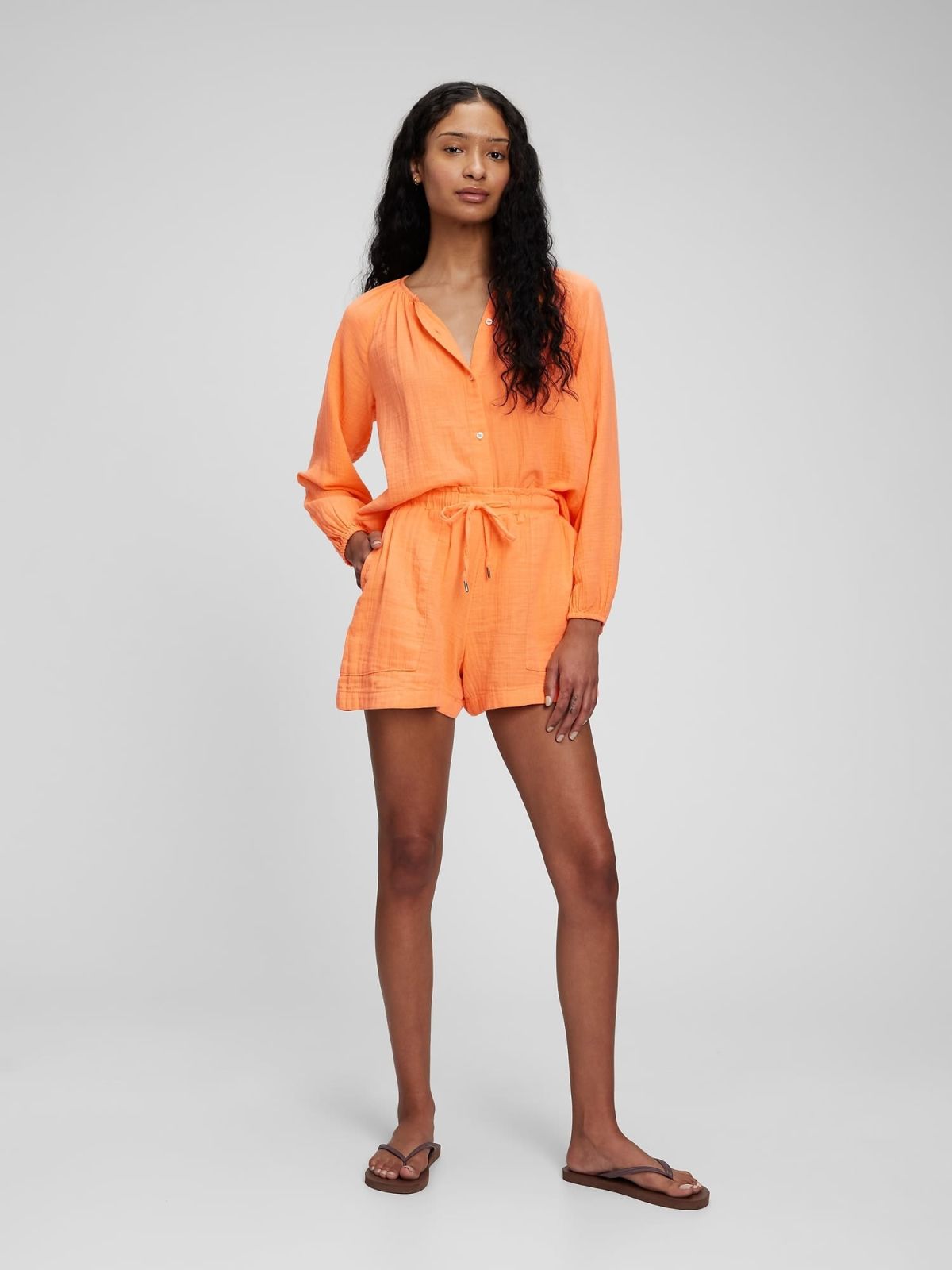 Πορτοκαλί Crinkle Gauze High Rise Pull-On Σορτς-866324001
