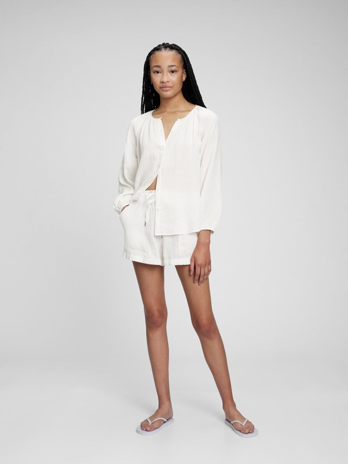 Άσπρη Crinkle Gauze Boatneck Button-Front Μπλούζα-856907001