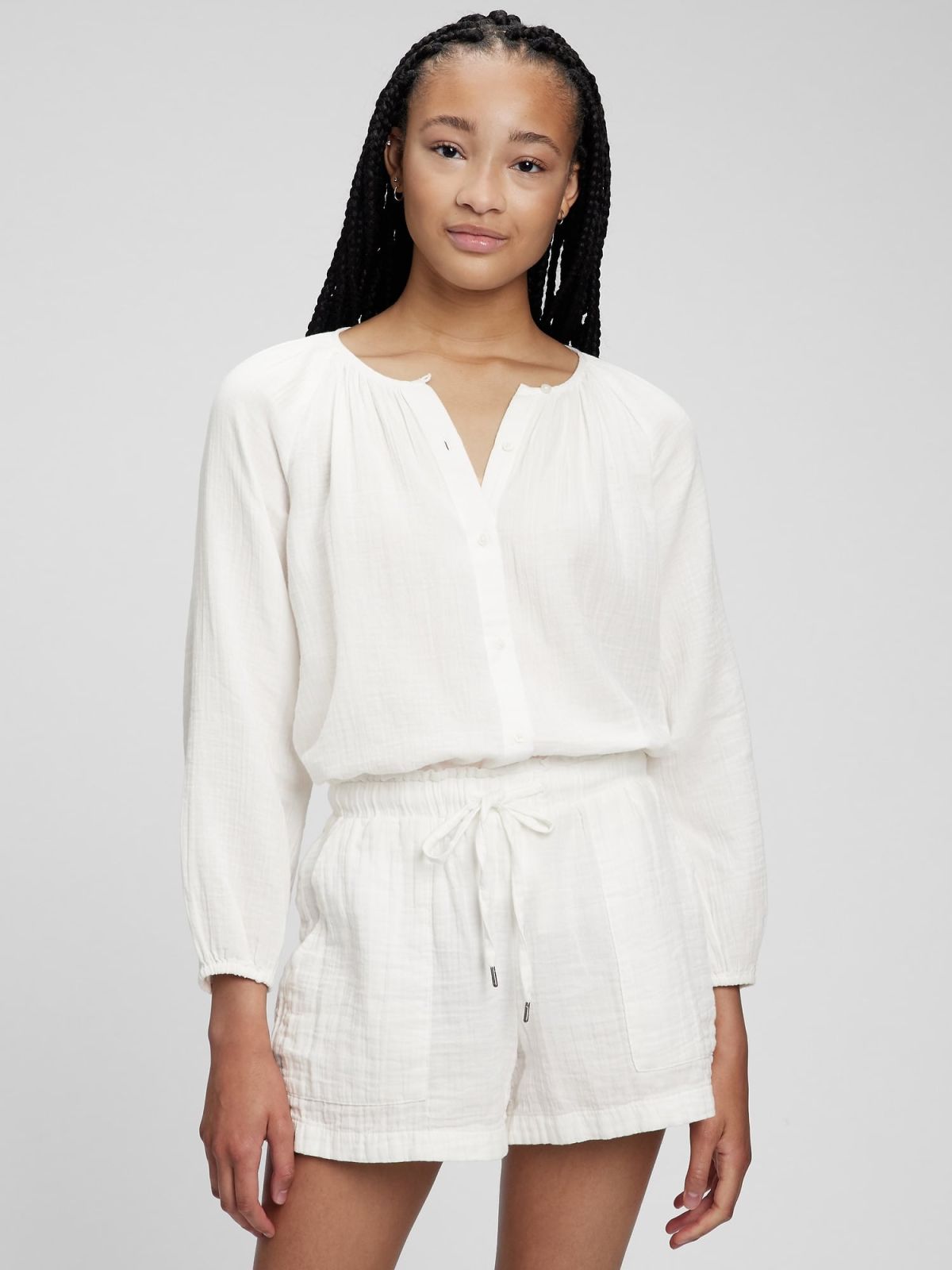 Άσπρη Crinkle Gauze Boatneck Button-Front Μπλούζα-856907001