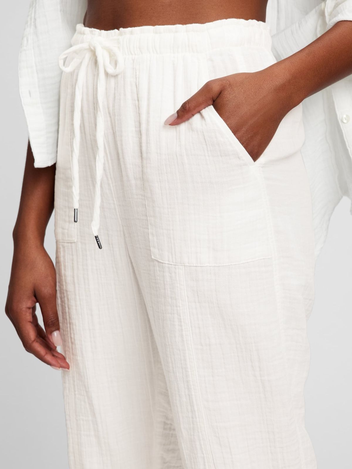 Άσπρο Crinkle Gauze High Rise Pull-On Παντελόνι-866663002