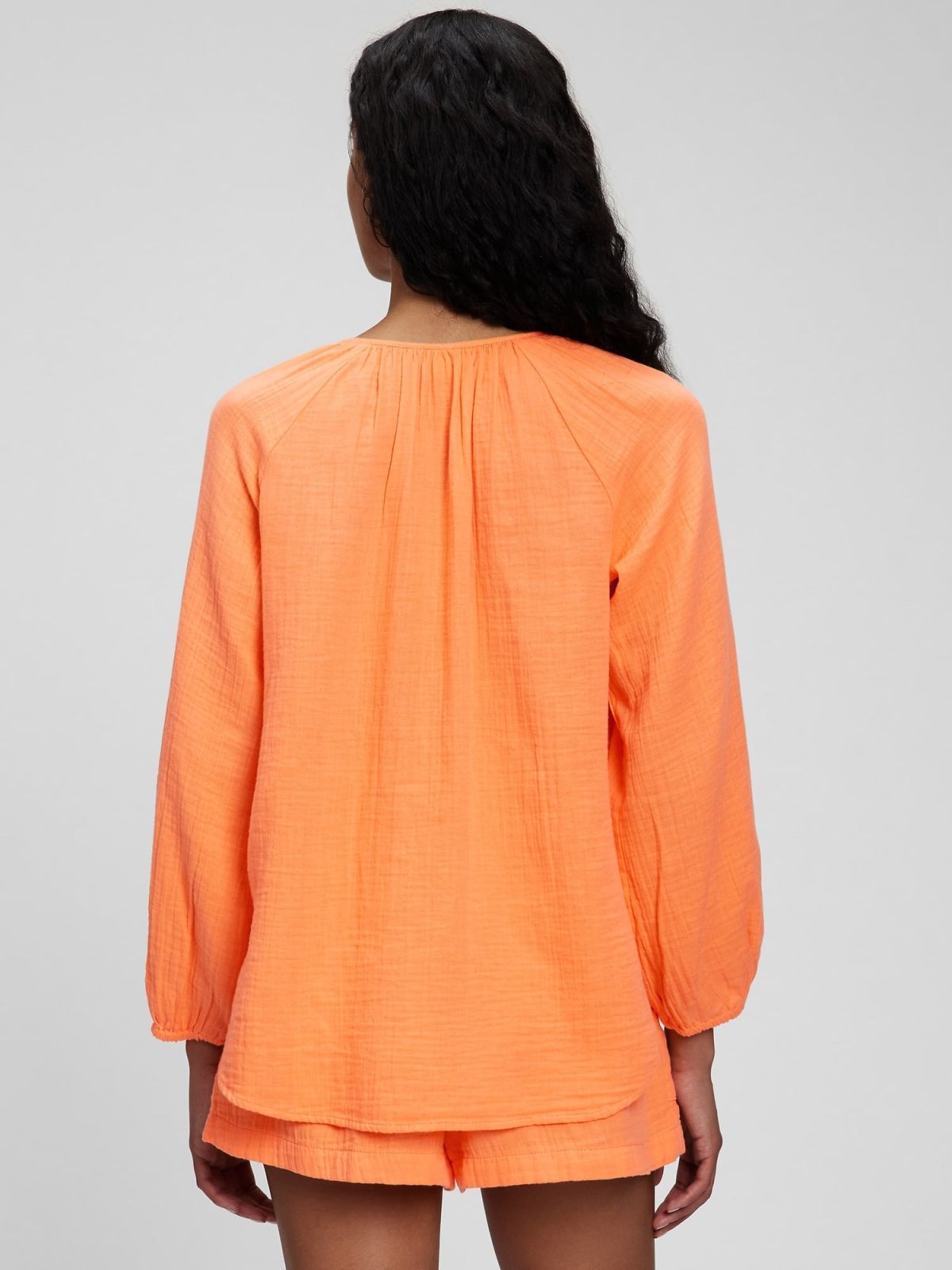 Πορτοκαλί Crinkle Gauze Boatneck Button-Front Μπλούζα-856907003
