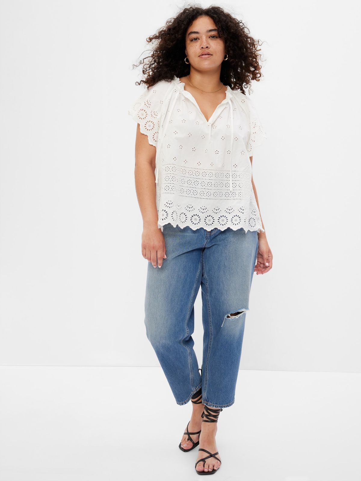 Άσπρη Eyelet Flutter Sleeve Μπλούζα-866912002