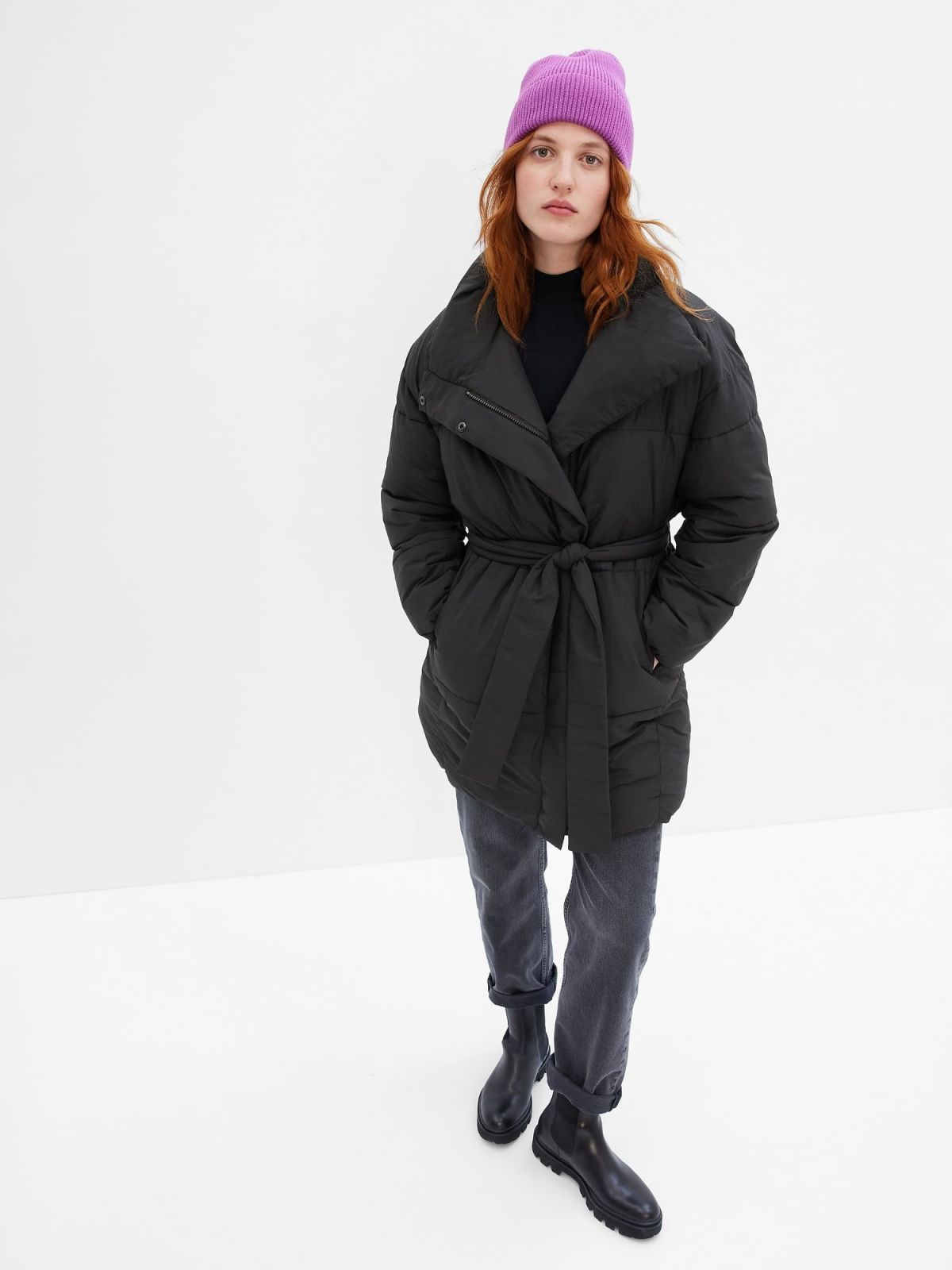 Μαύρο Duvet Wrap Φουσκωτό Παλτό-451444000