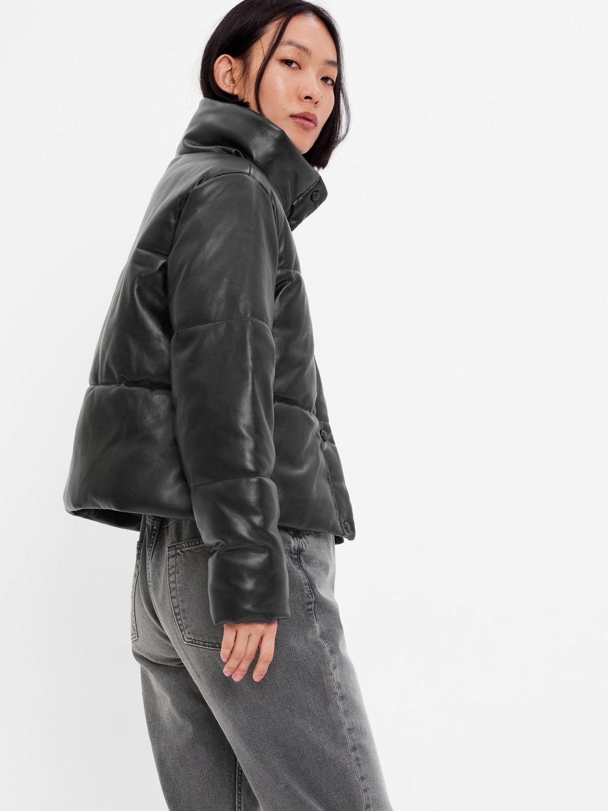Μαύρο Big Puff Faux-Leather Cropped Μπουφάν-486399000