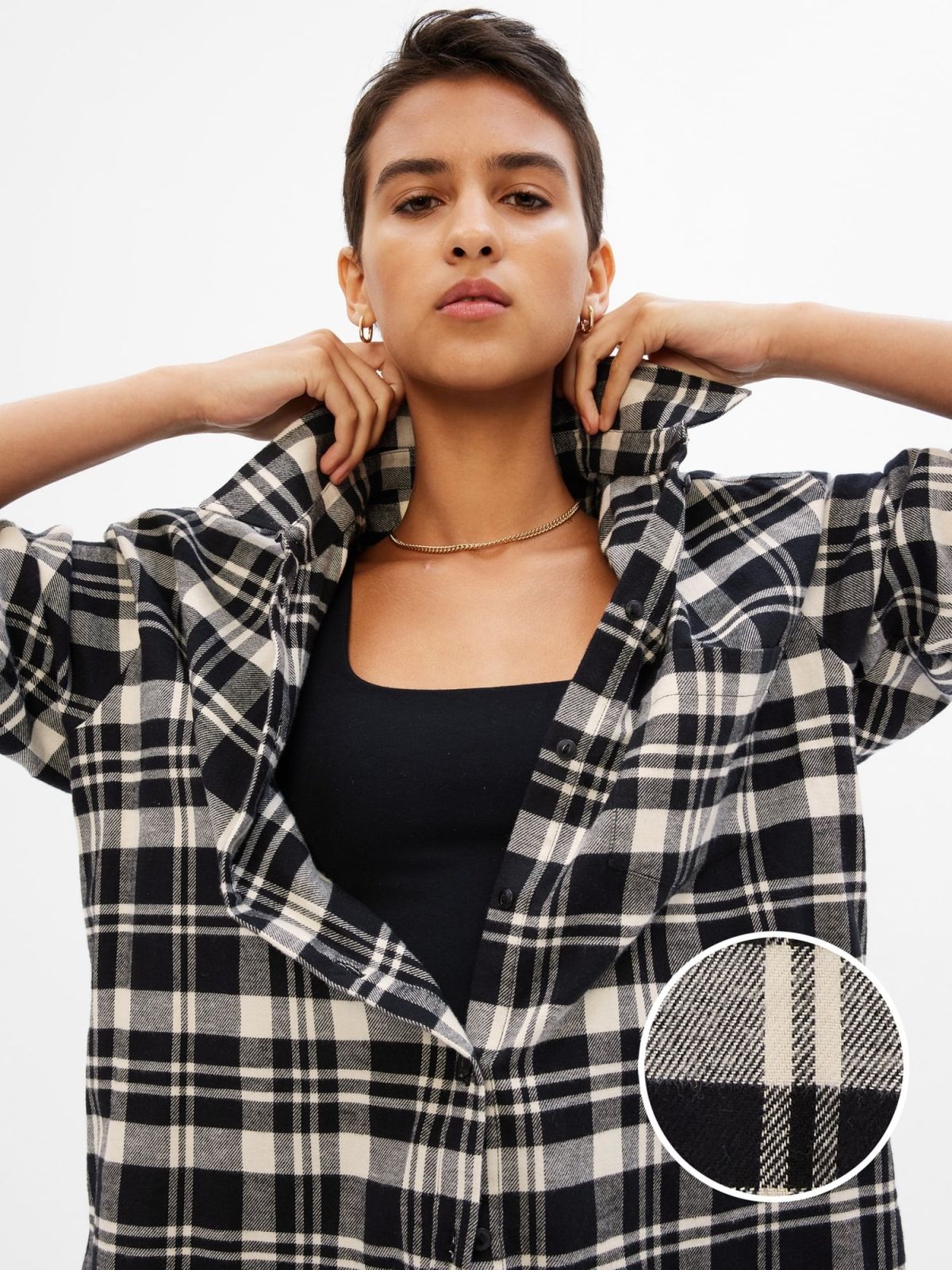 Μαύρο Oversized Καρό Φανέλα Πουκάμισο-429301008