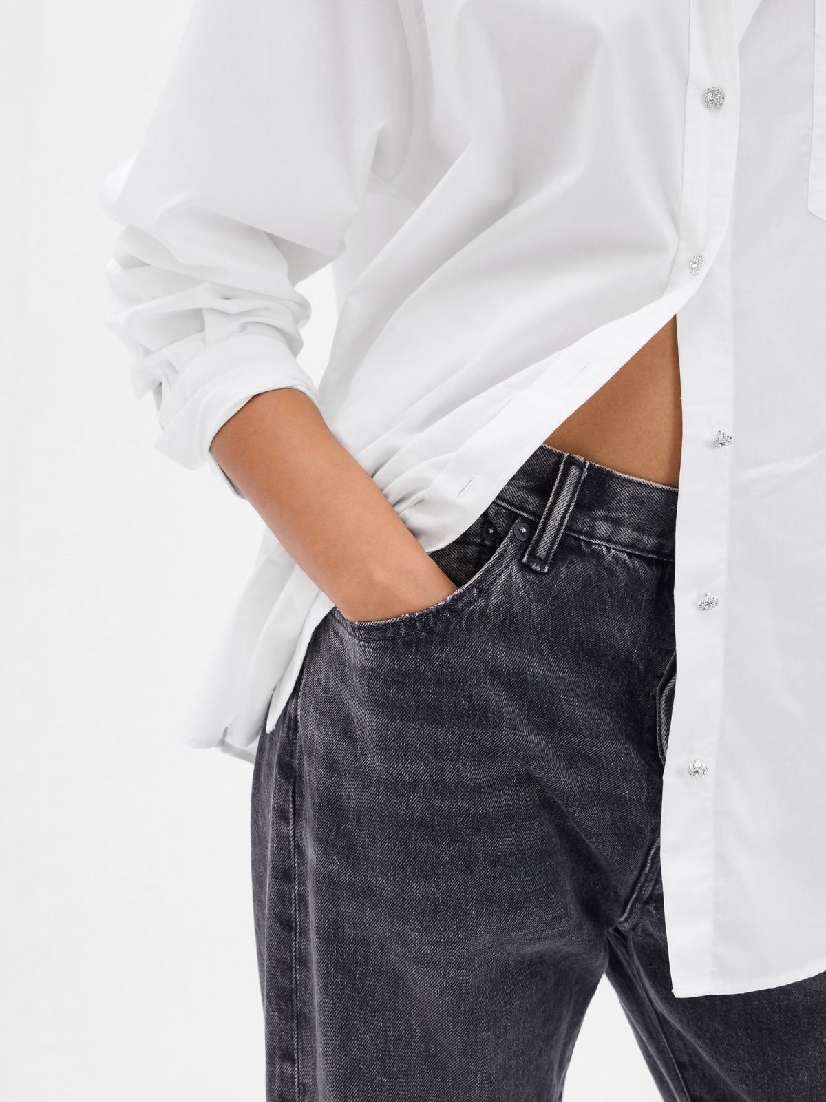 Άσπρο Rhinestone Button Big Πουκάμισο-543055001