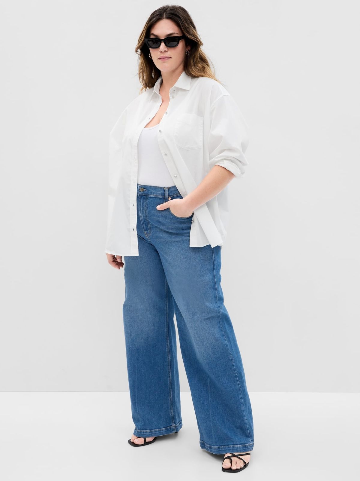 Άσπρο Rhinestone Button Big Πουκάμισο-543055001