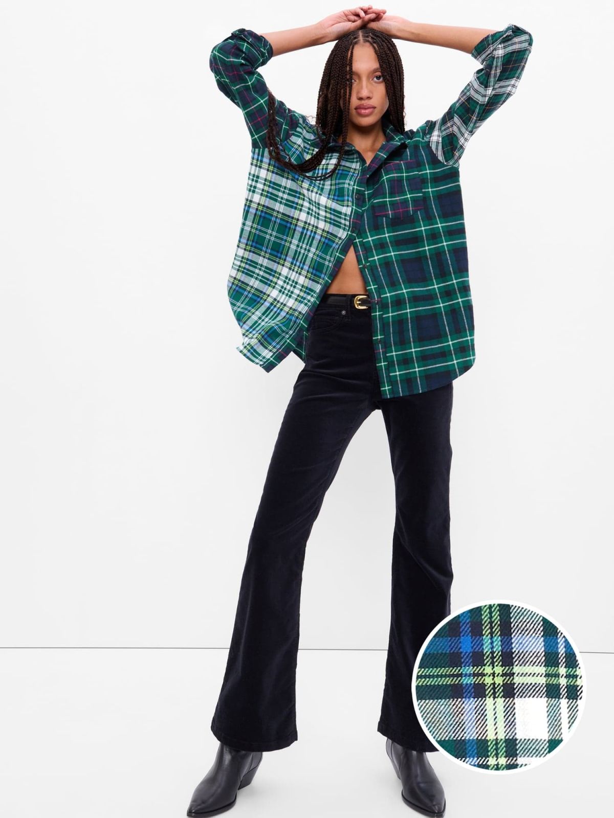 Μπλε Oversized Καρό Φανέλα Πουκάμισο-429301011