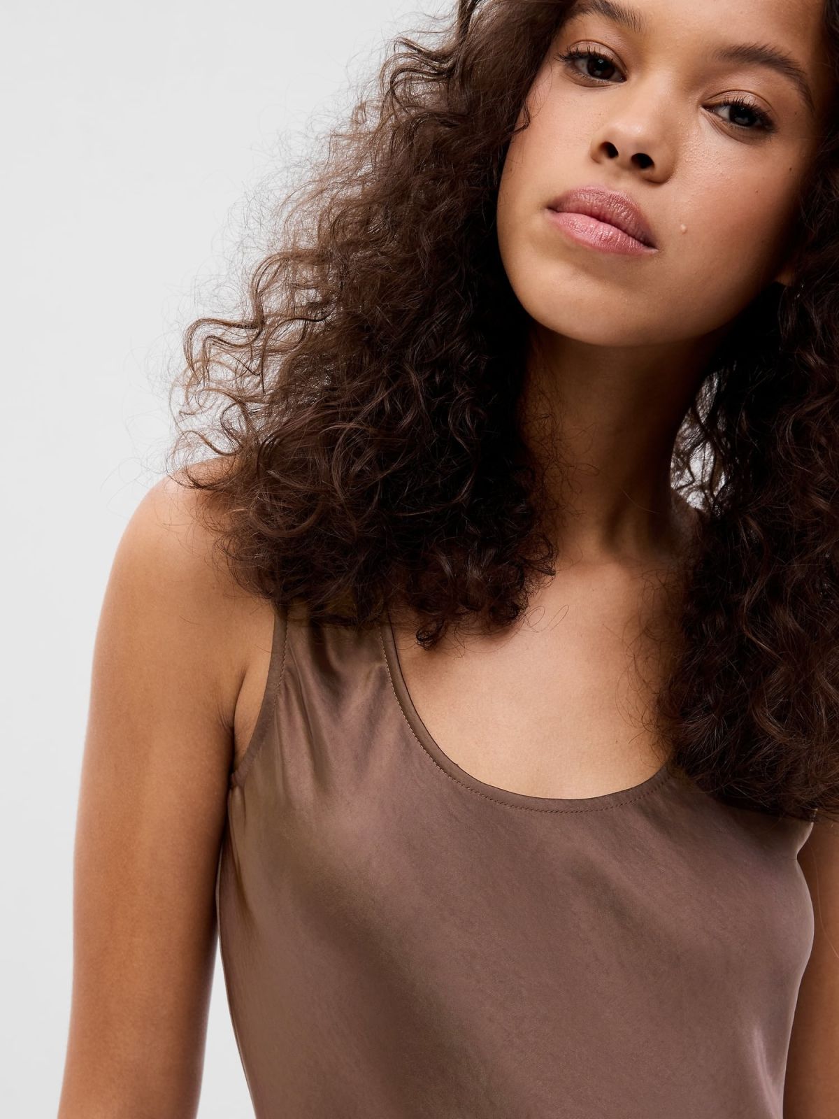 Καφέ Σατέν Midi Αμάνικο Φόρεμα-488664002