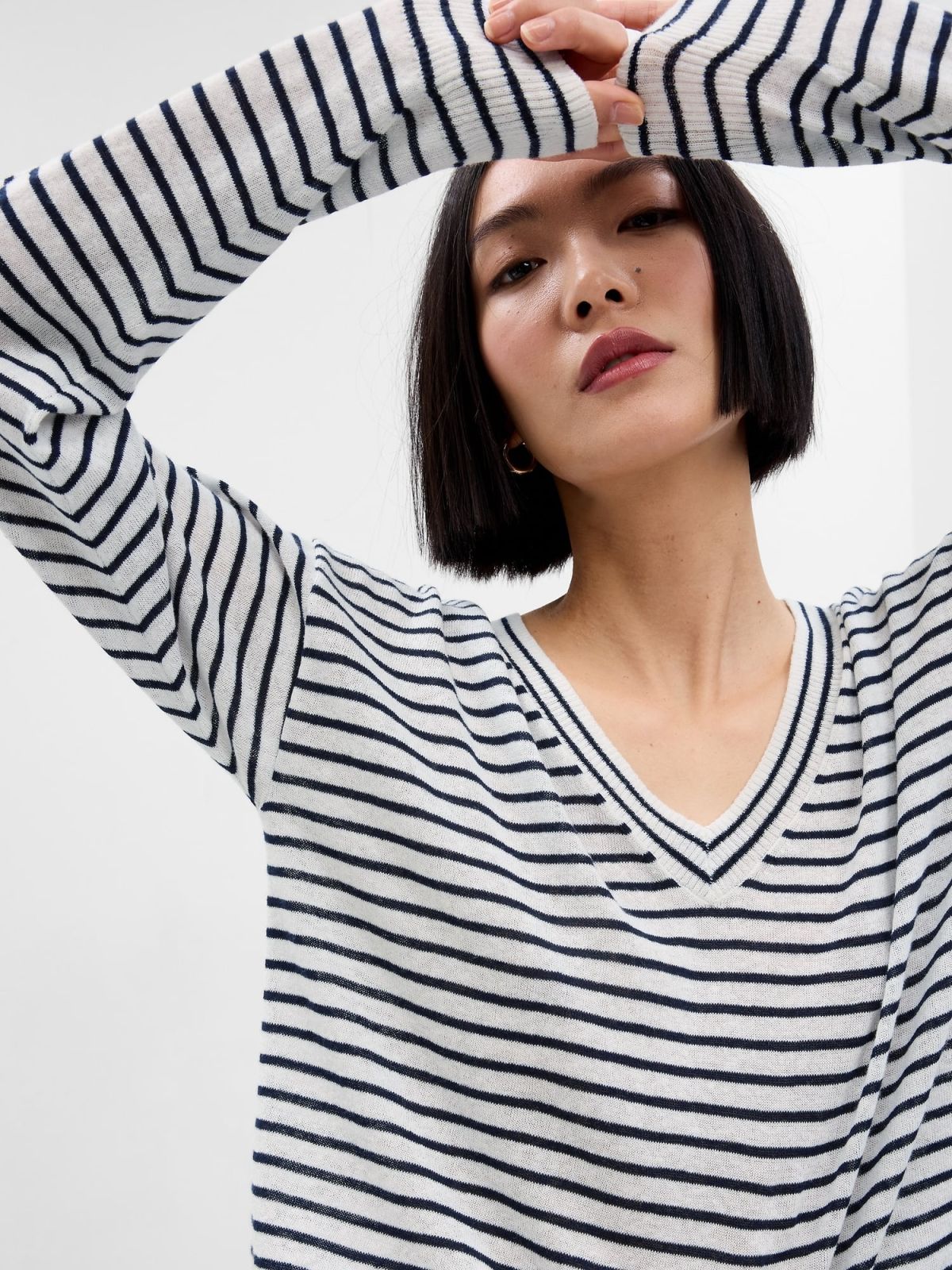 Μπλε Linen-Blend V-Neck Πουλόβερ-592240004