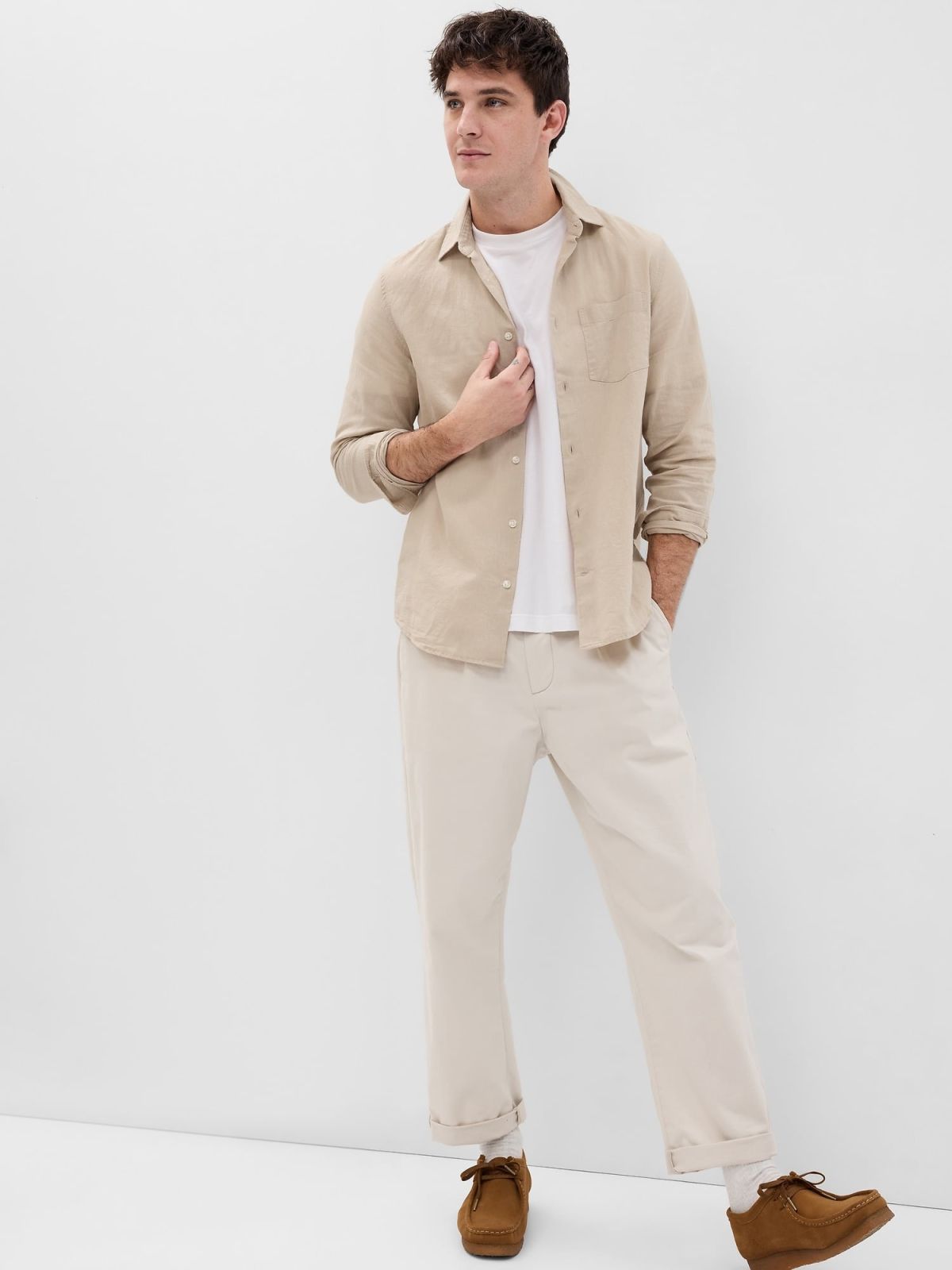 Μπεζ Linen-Cotton Πουκάμισο-585726008