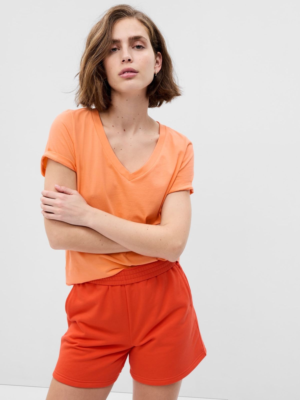 Πορτοκαλί Vintage V-Neck Μπλούζα από Οργανικό Βαμβάκι-740140048