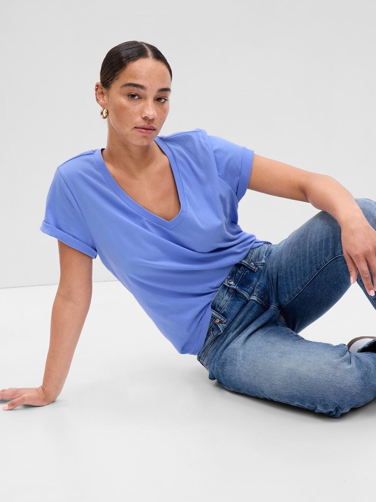 Μπλε Vintage V-Neck Μπλούζα από Οργανικό Βαμβάκι-740140049