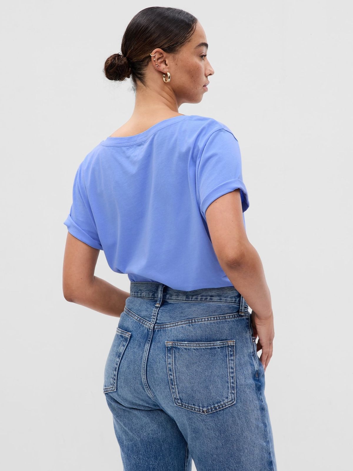 Μπλε Vintage V-Neck Μπλούζα από Οργανικό Βαμβάκι-740140049