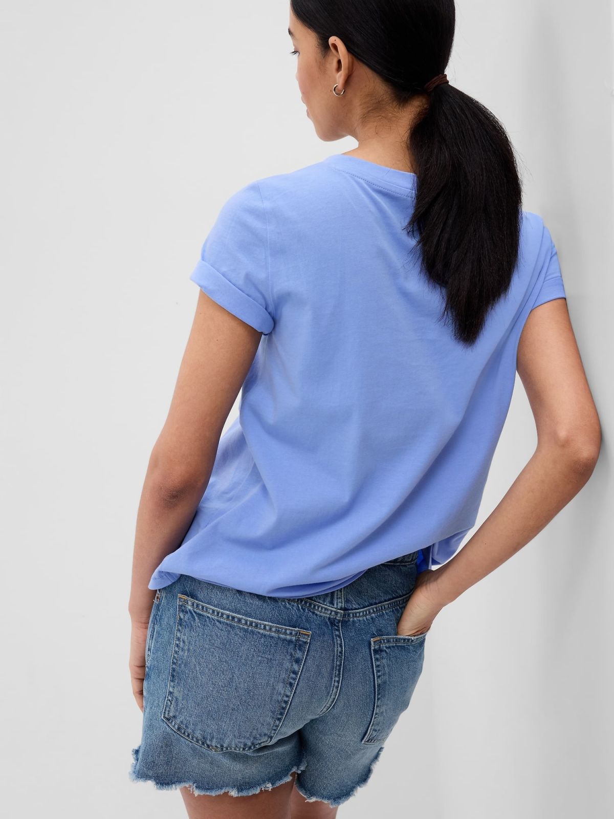 Μπλε Vintage V-Neck Μπλούζα από Οργανικό Βαμβάκι-740140049