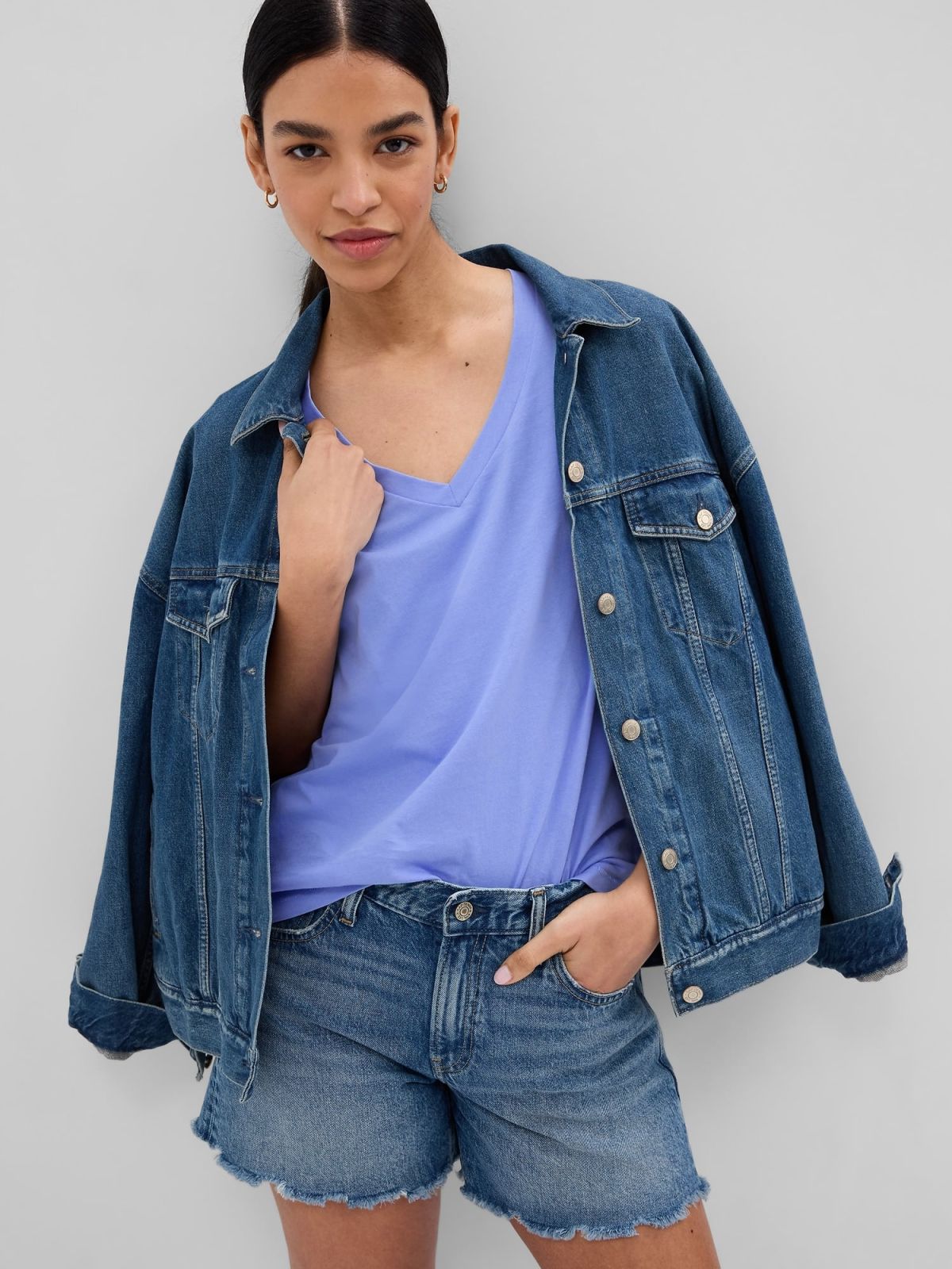 Μπλε Vintage V-Neck Μπλούζα από Οργανικό Βαμβάκι-740140049