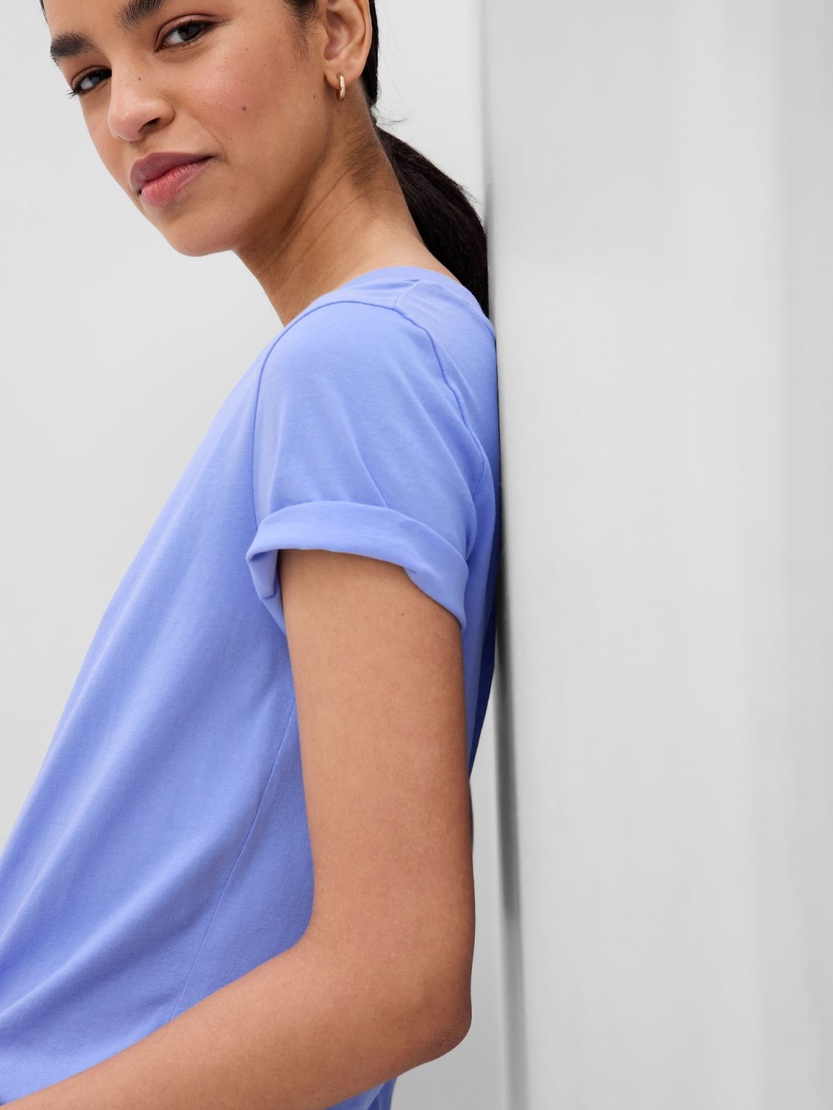 Μπλε Vintage V-Neck Μπλούζα από Οργανικό Βαμβάκι-740140049