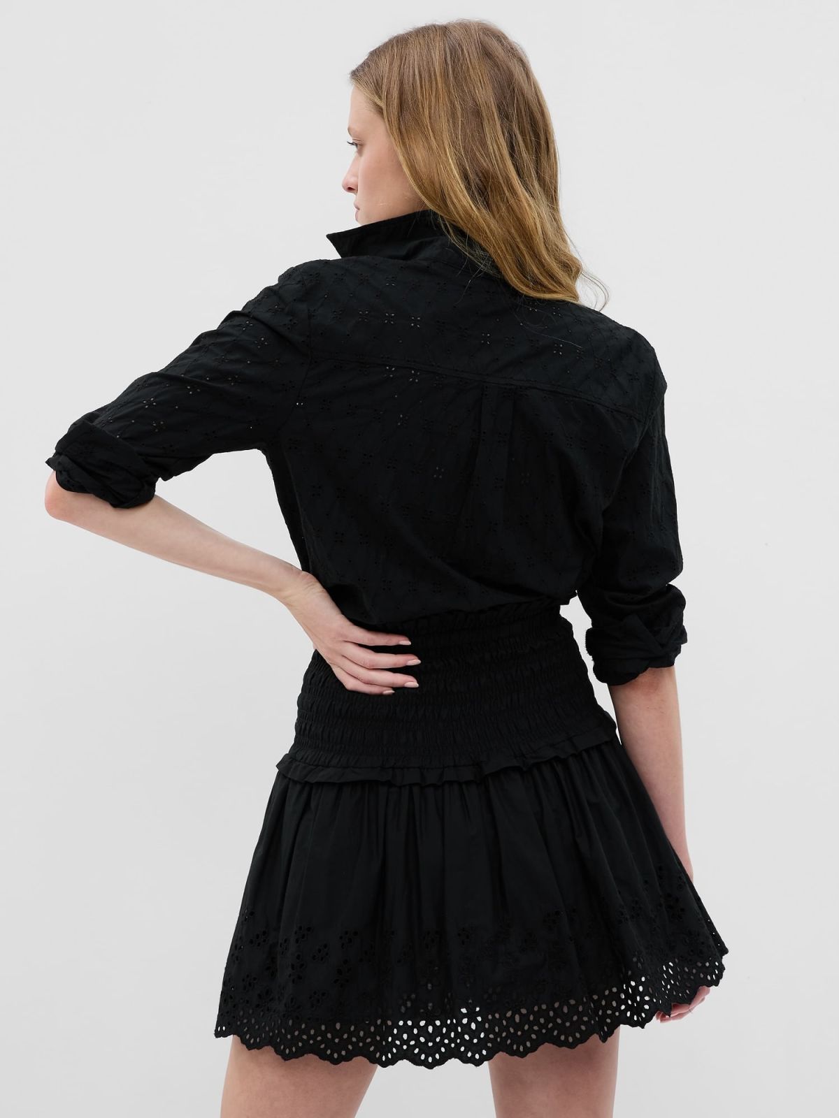 Μαύρη Smocked Eyelet Mini Φούστα-548356000