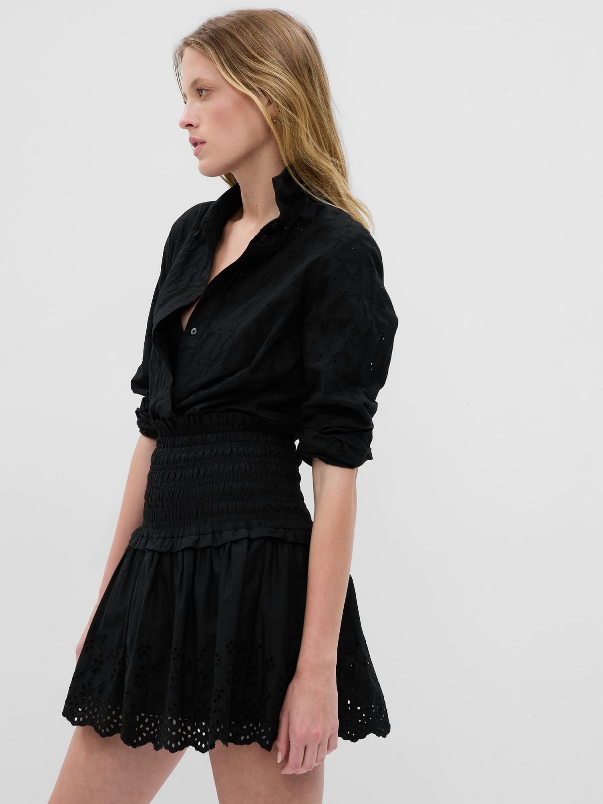 Μαύρη Smocked Eyelet Mini Φούστα-548356000