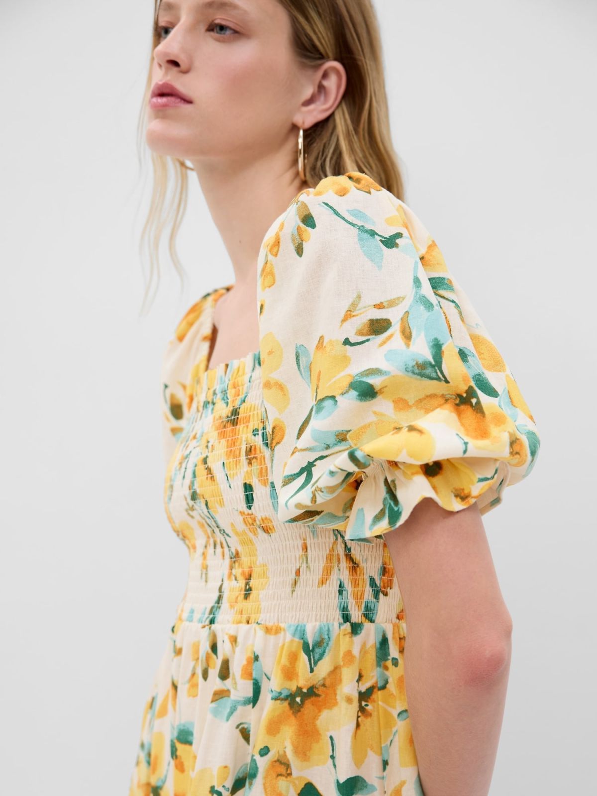 Κίτρινο Linen-Blend Puff Sleeve Midi Φόρεμα-549216001