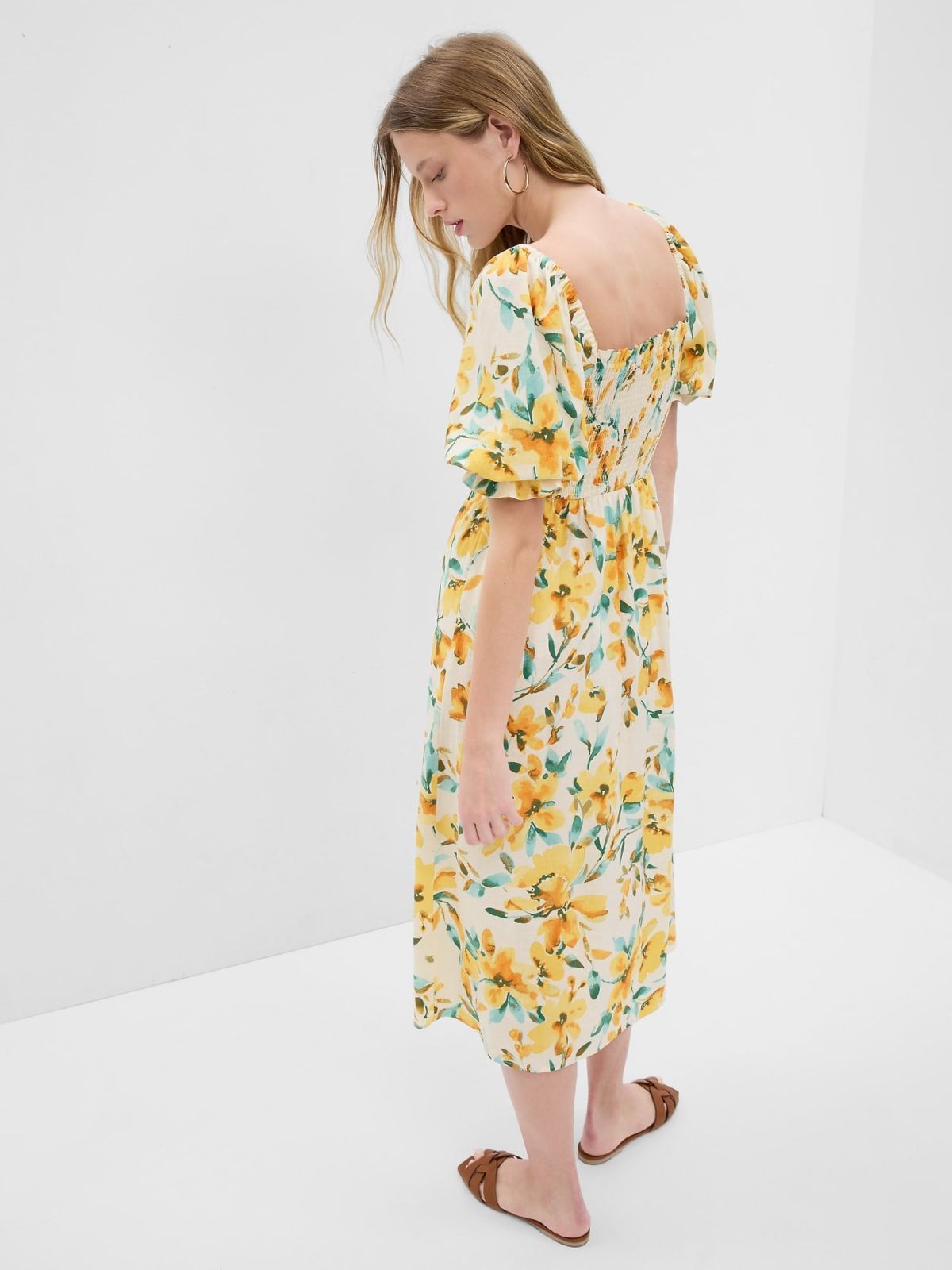 Κίτρινο Linen-Blend Puff Sleeve Midi Φόρεμα-549216001