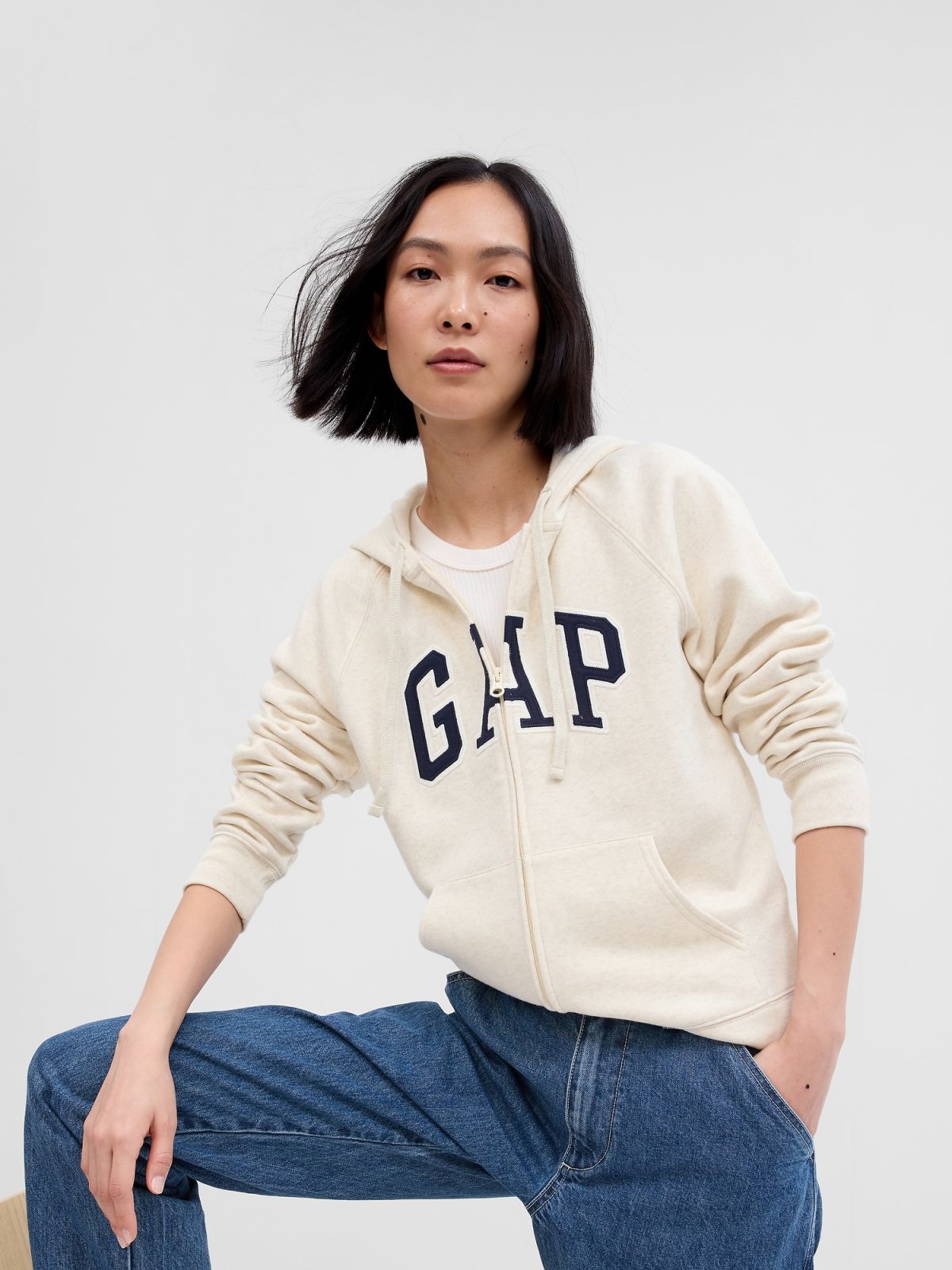 Μπεζ Gap Logo Zip Φούτερ-463503016