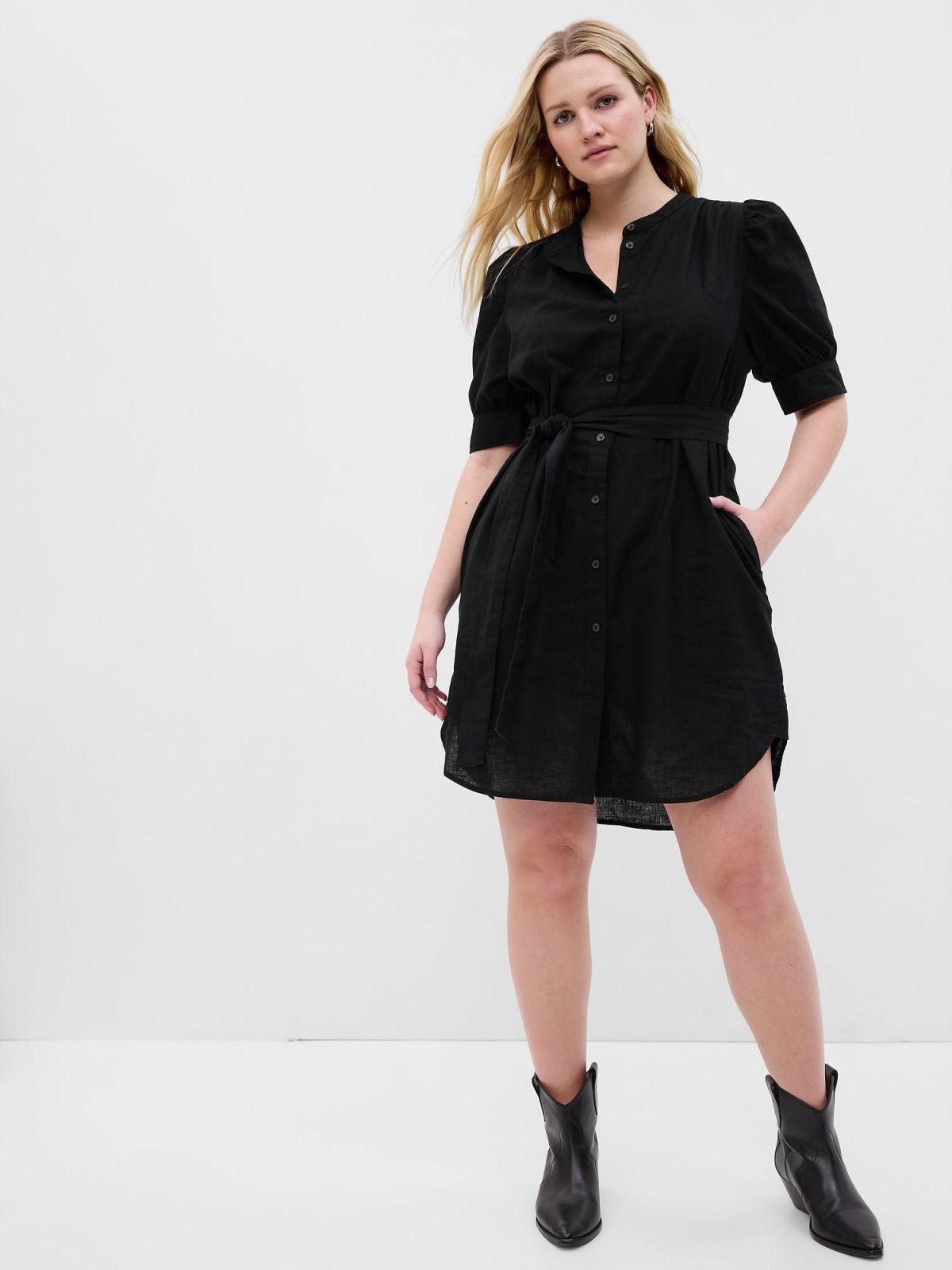 Μαύρο Puff Sleeve Linen-Cotton Πουκάμισο Φόρεμα-594740001