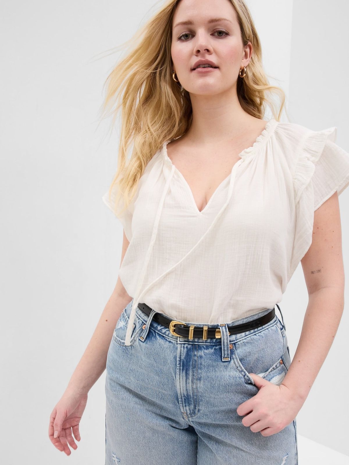 Άσπρο Crinkle Gauze Flutter Sleeve Τοπ-591956002