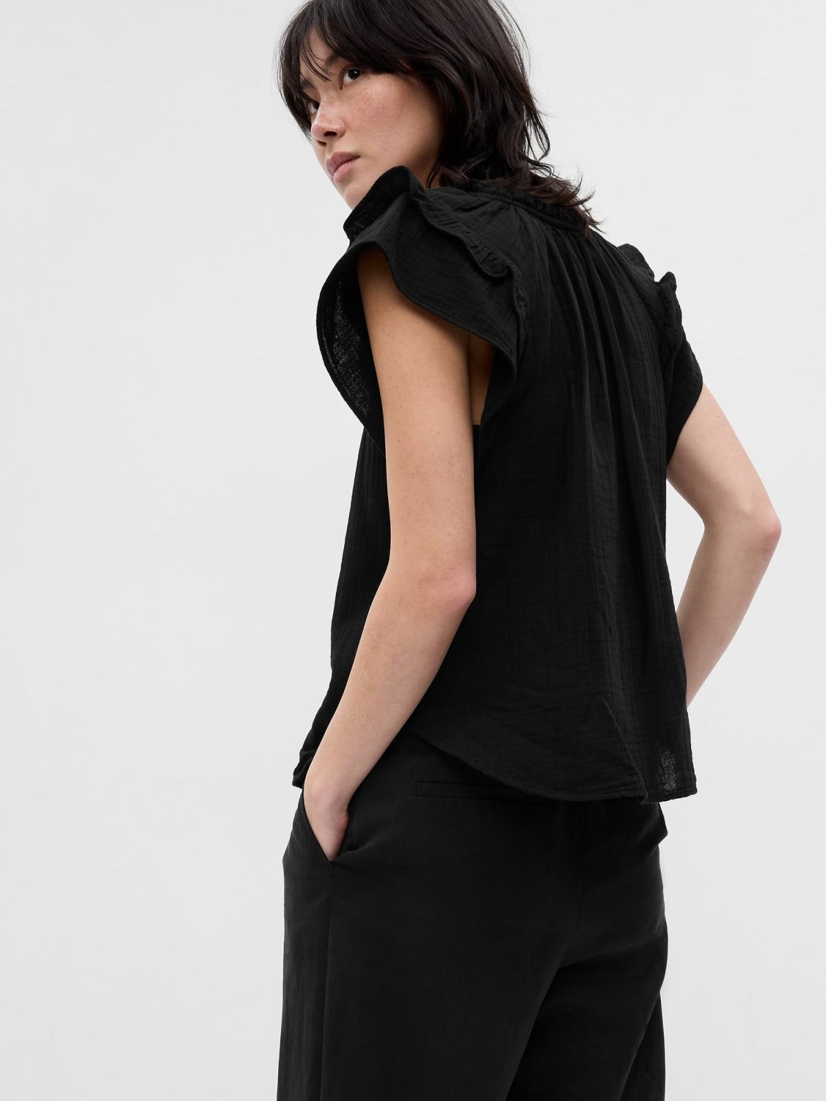 Crinkle Gauze Flutter Sleeve Top-591956001