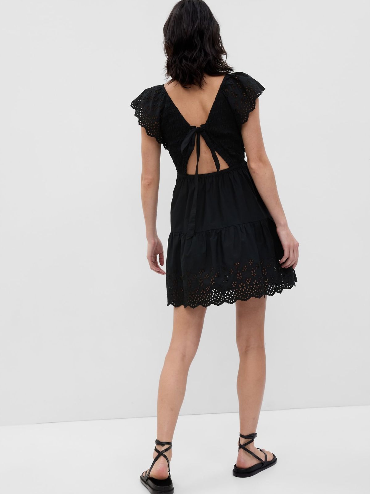 Μαύρο Flutter Sleeve Eyelet Mini Φόρεμα-549188001