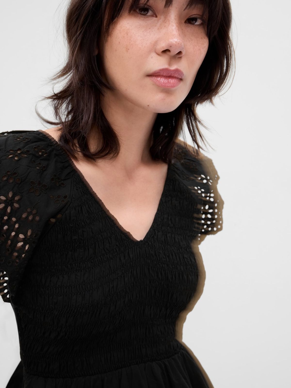 Μαύρο Flutter Sleeve Eyelet Mini Φόρεμα-549188001