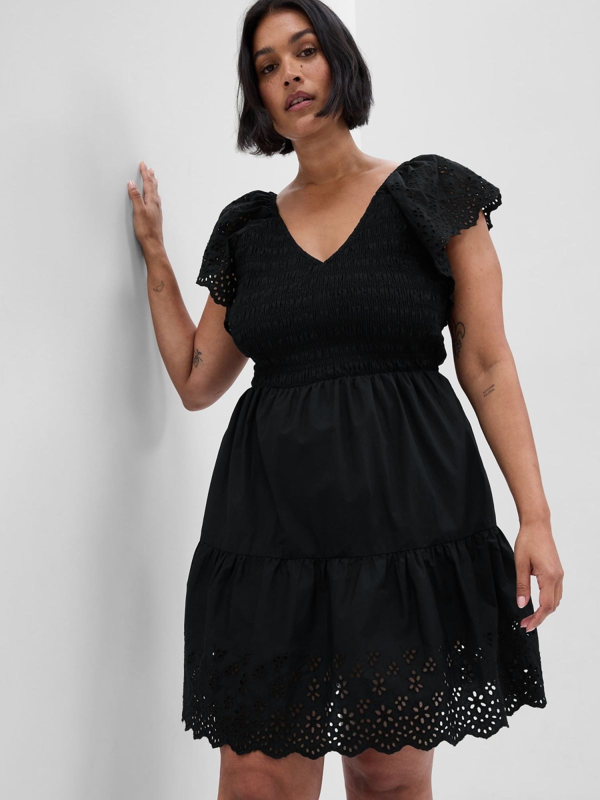 Μαύρο Flutter Sleeve Eyelet Mini Φόρεμα-549188001