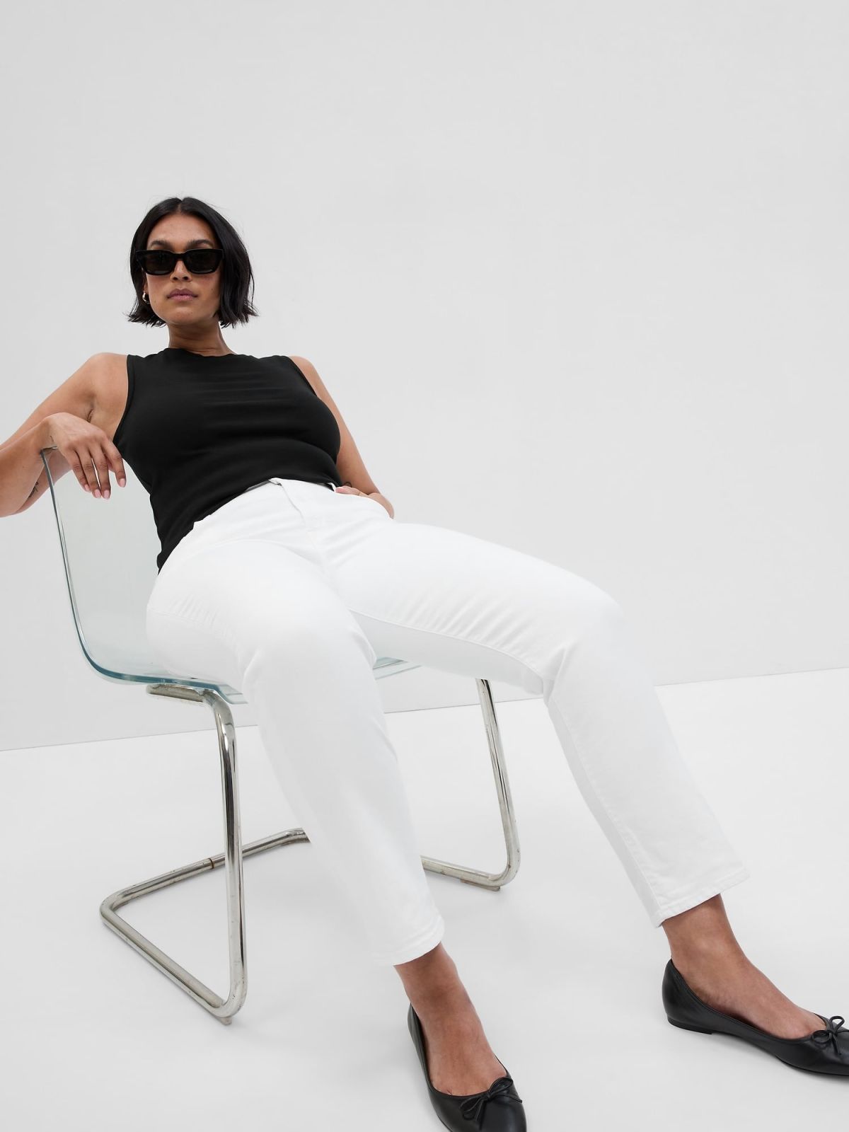 Άσπρο Mid Rise Girlfriend Jean Παντελόνι με Washwell-570479000