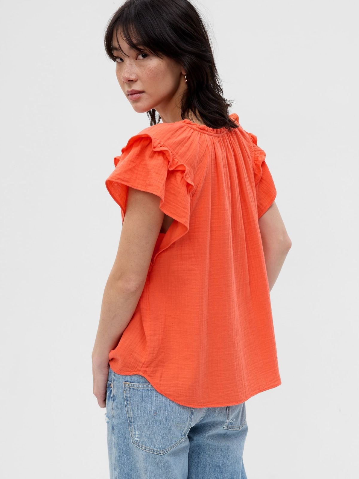 Πορτοκαλί Crinkle Gauze Flutter Sleeve Τοπ-591956000