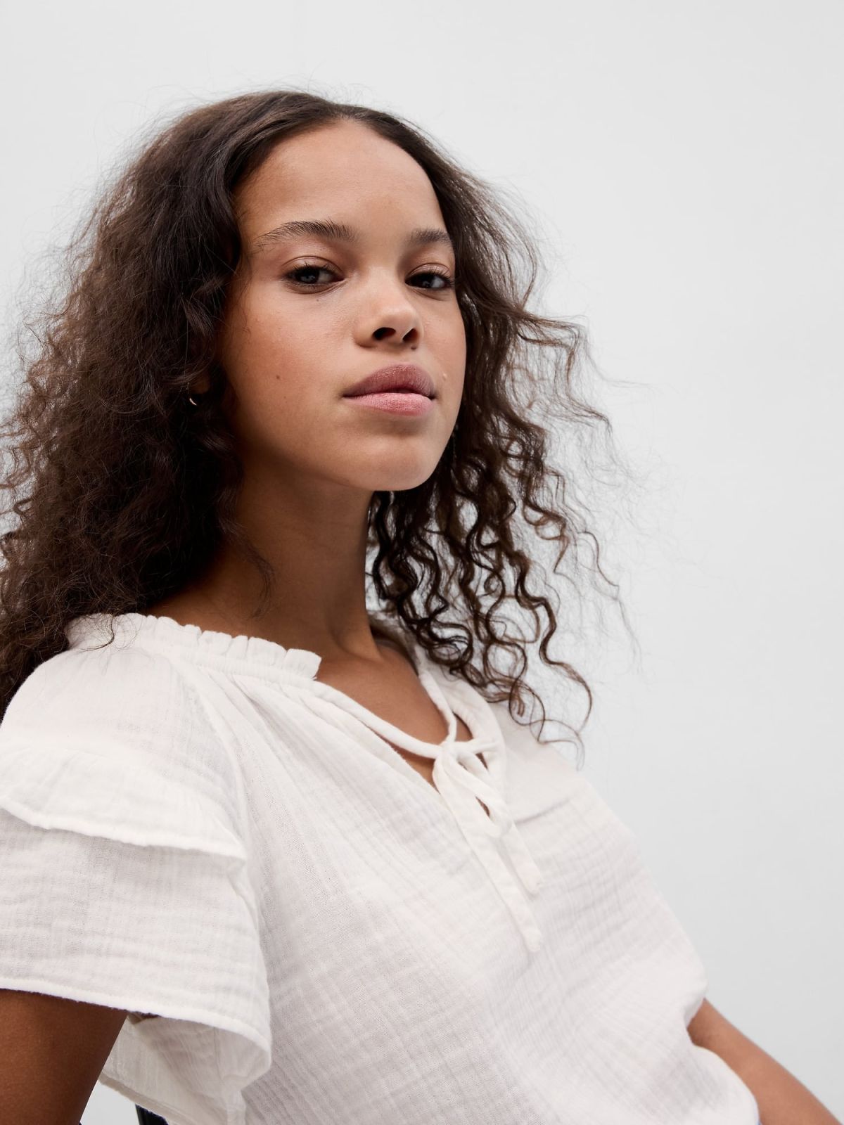 Άσπρο Crinkle Gauze Flutter Sleeve Τοπ-591956002