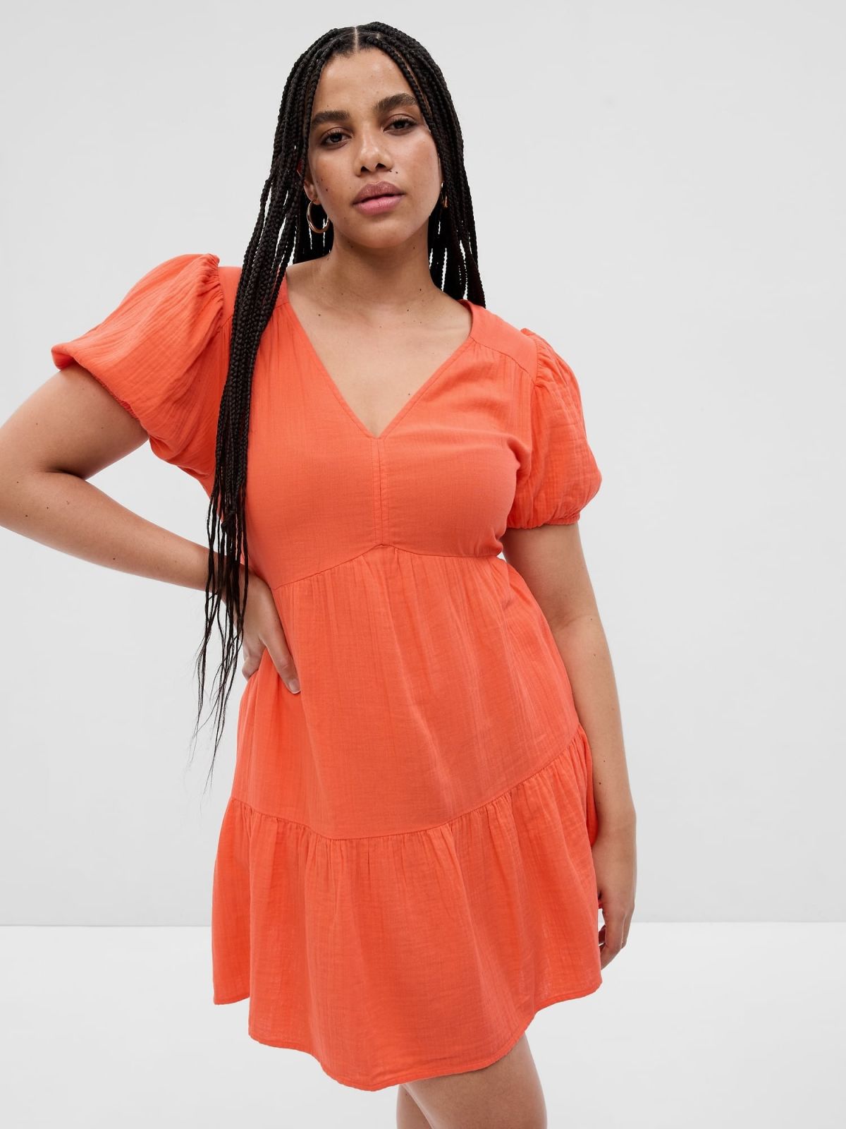 Πορτοκαλί Crinkle Gauze Puff Sleeve Tiered Mini Φόρεμα-595209002