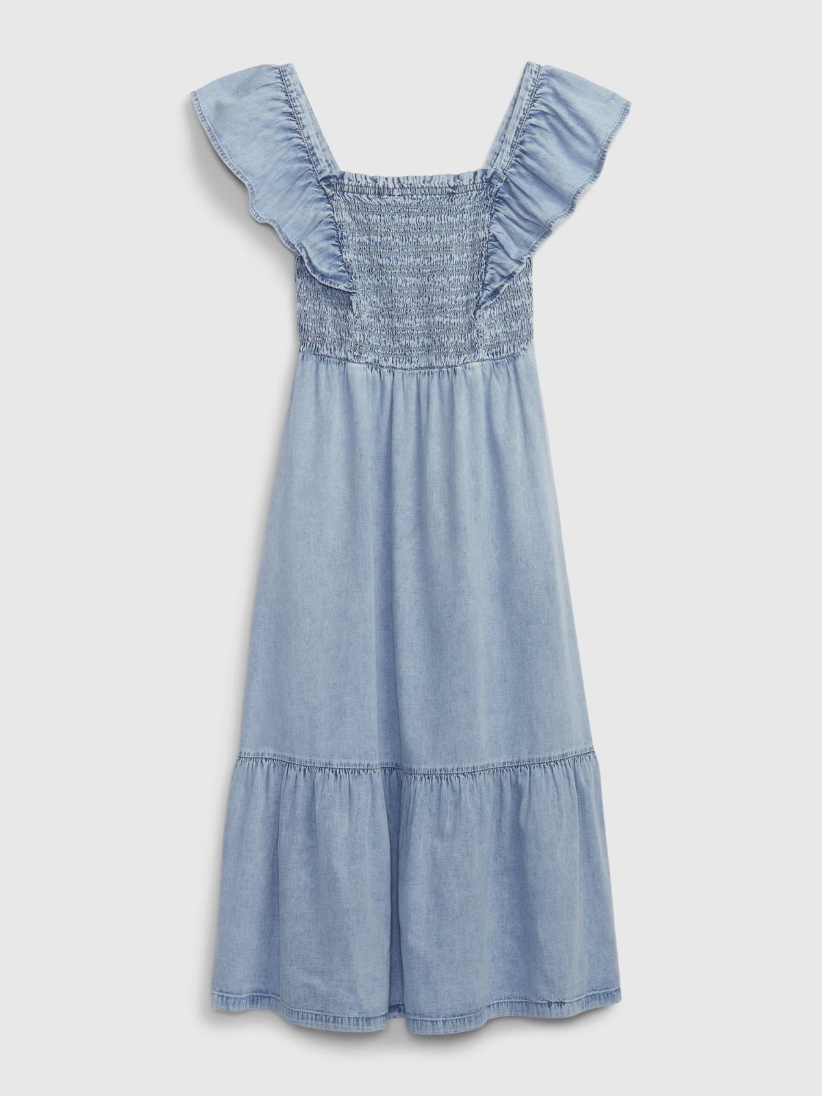 Μπλε Smocked Flutter Sleeve Denim Midi Φόρεμα με Washwell-570194000