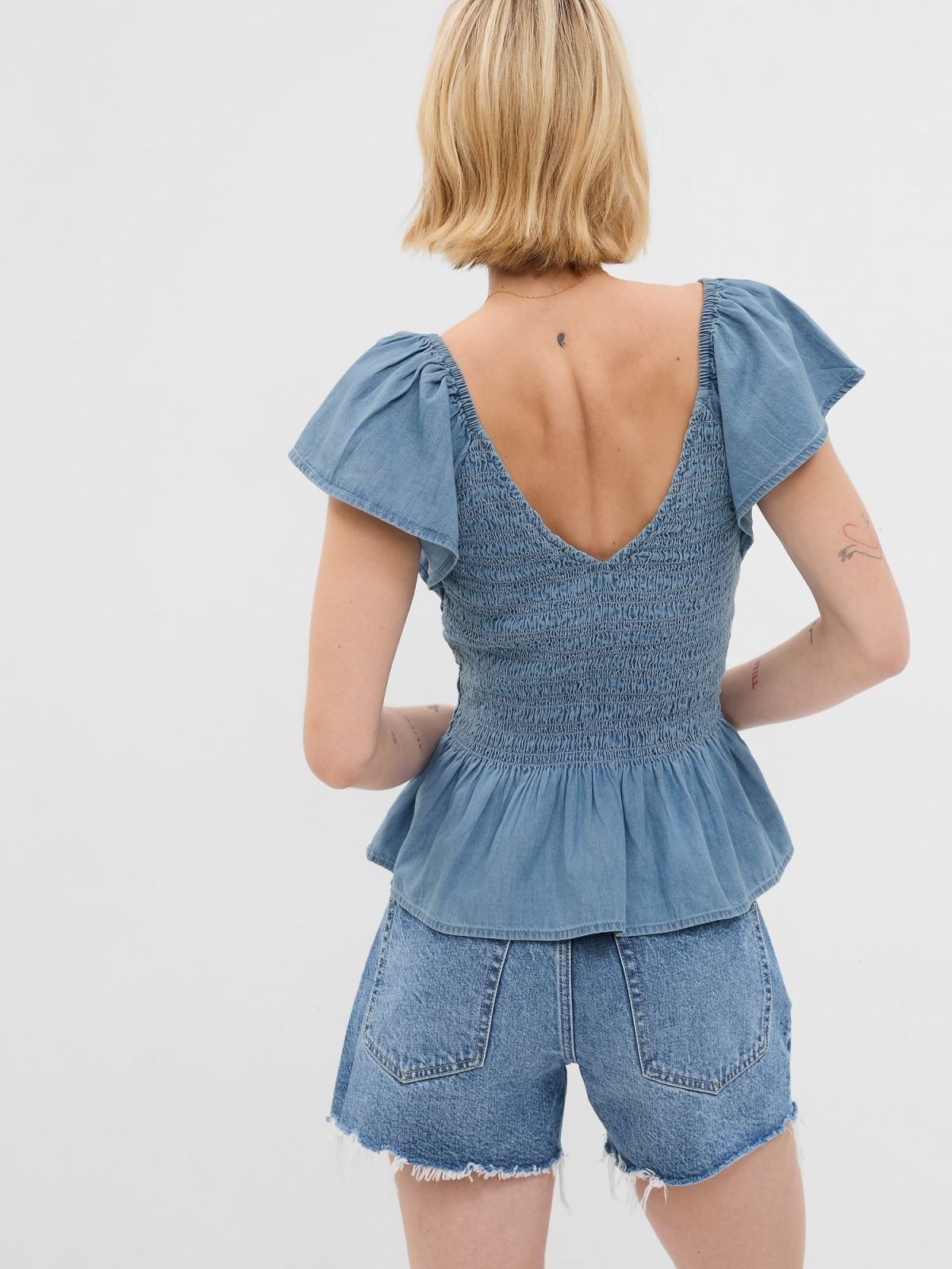 Μπλε Ruffle Sleeve Denim Peplum Τοπ με Washwell-570206000