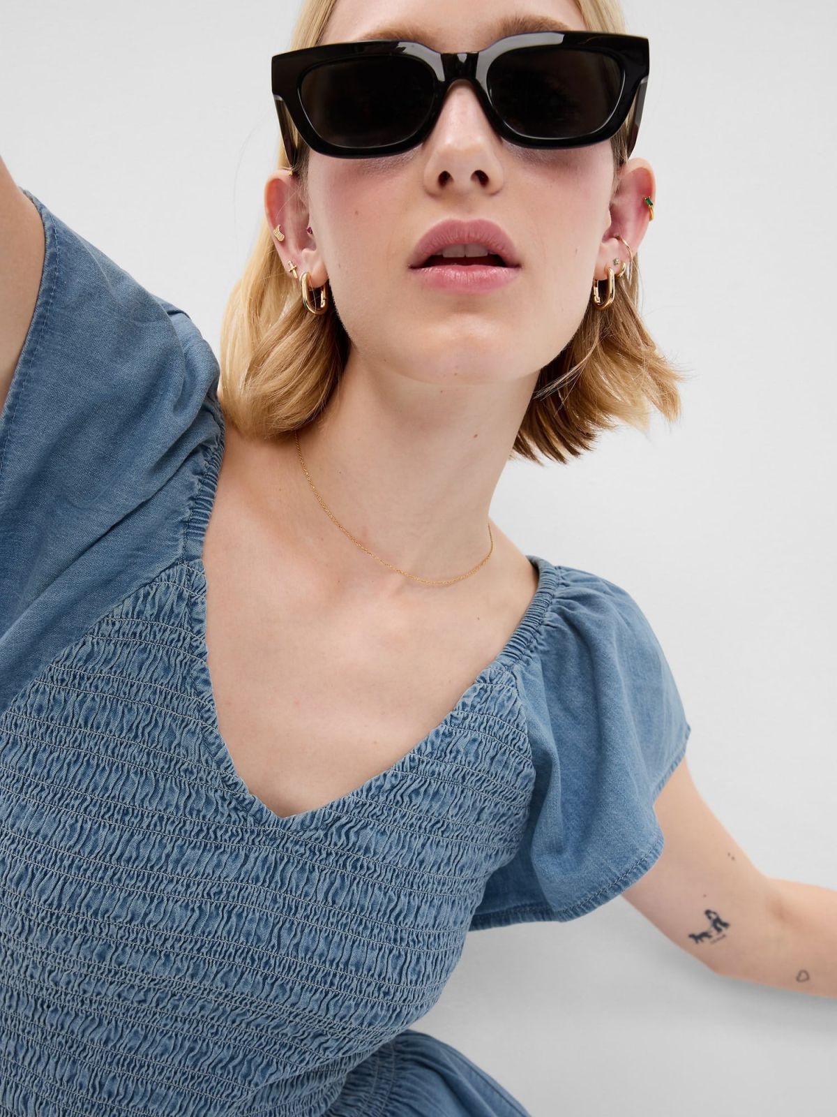 Μπλε Ruffle Sleeve Denim Peplum Τοπ με Washwell-570206000