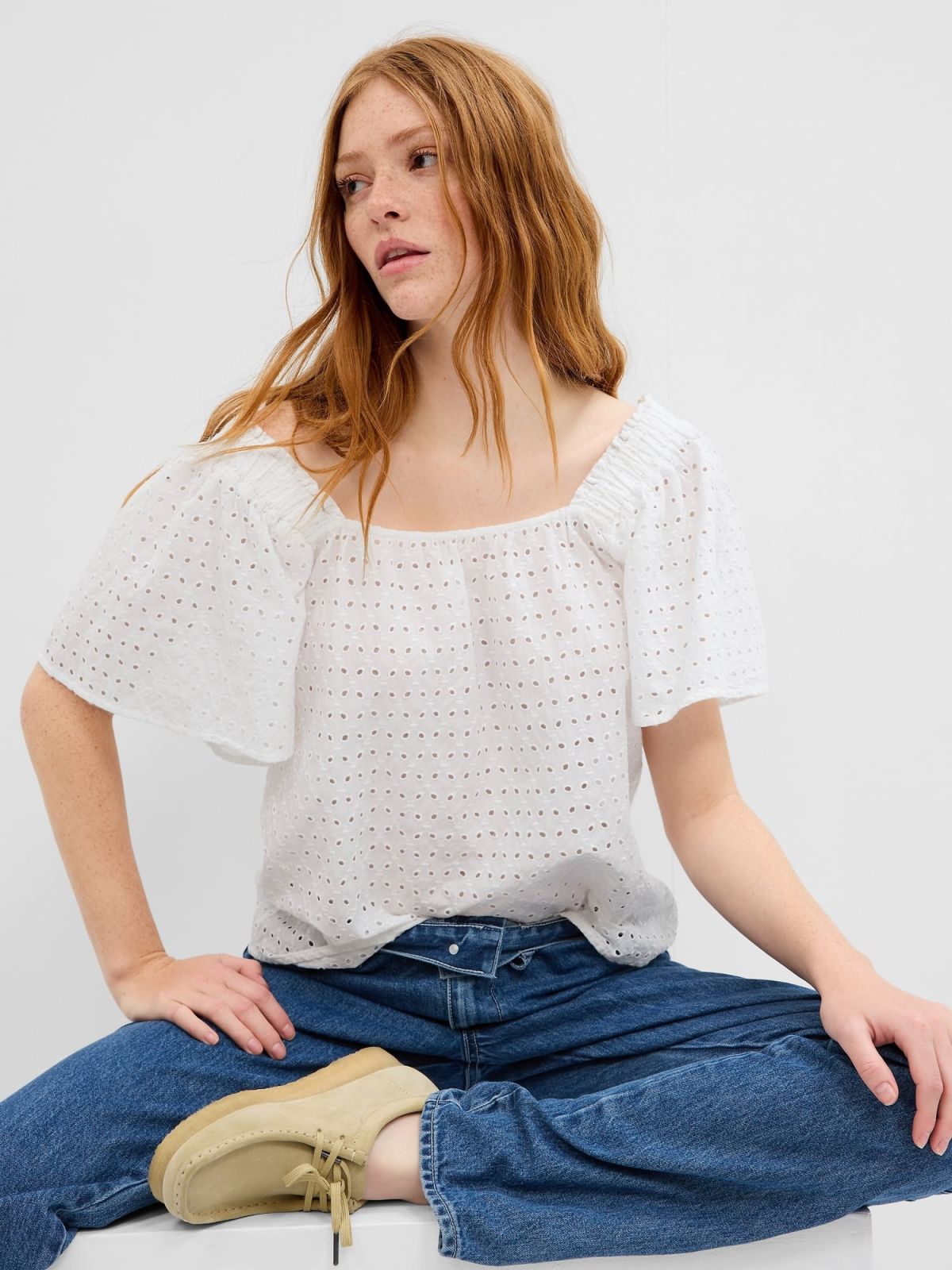Squareneck Flutter Sleeve Τοπ-591722003