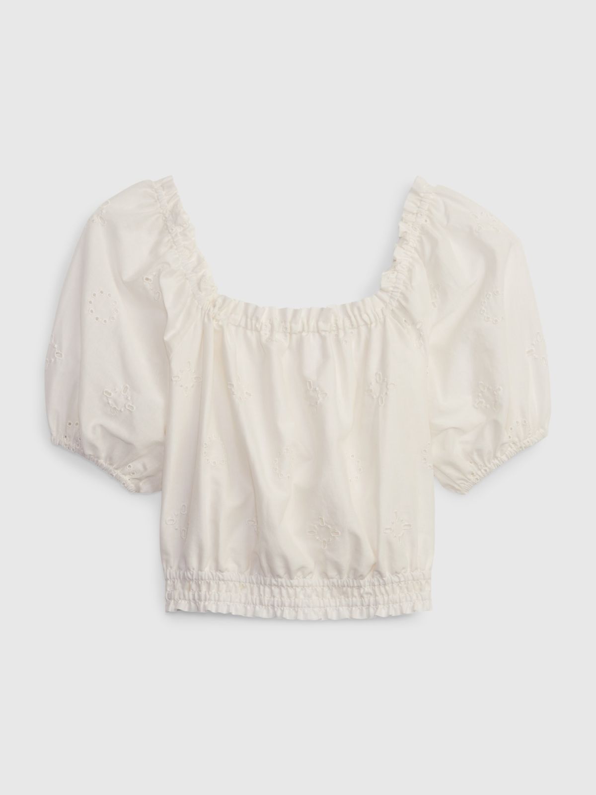 Άσπρο Παιδικό Linen-Cotton Puff Sleeve Τοπ-601092001
