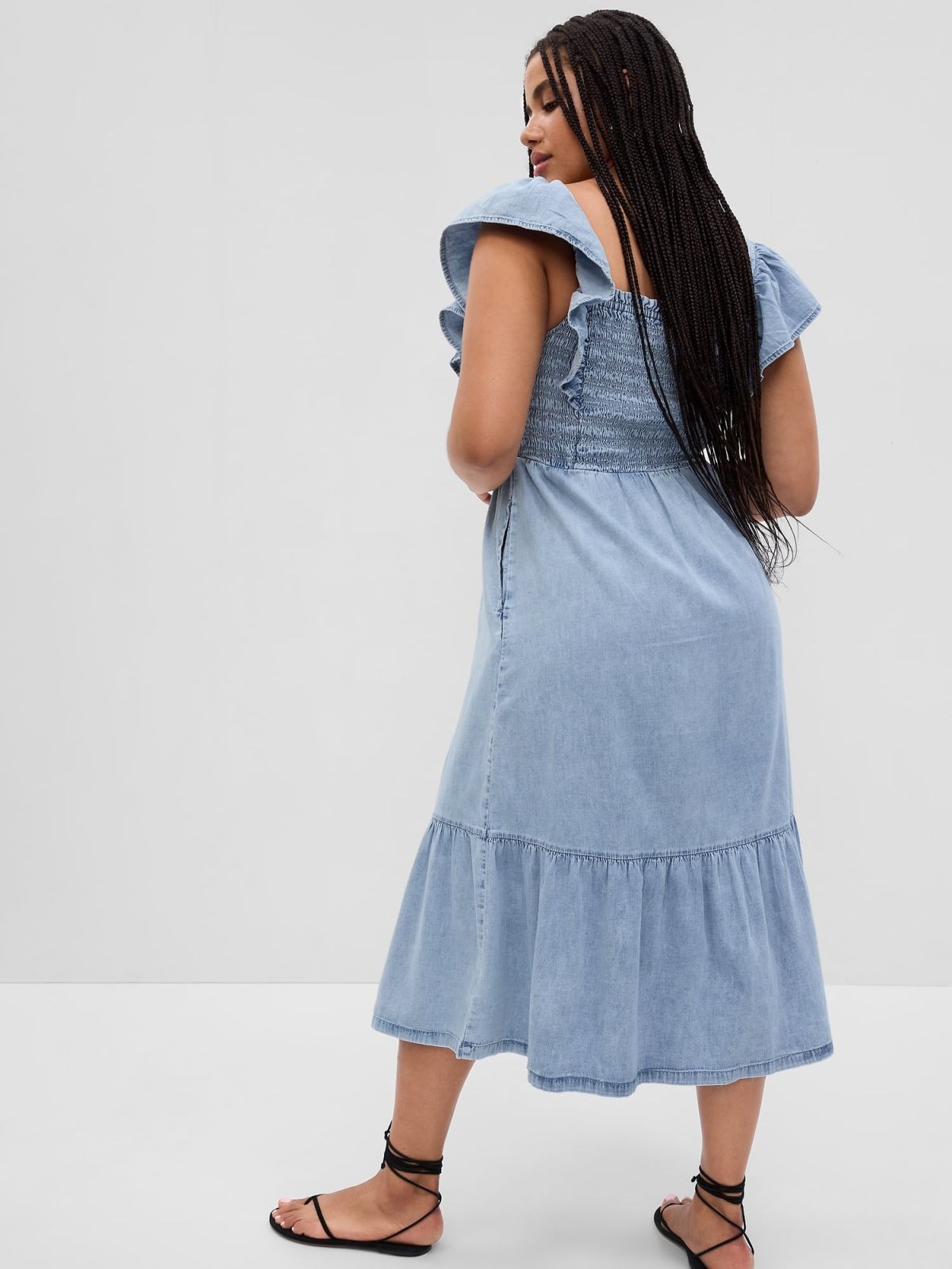 Μπλε Smocked Flutter Sleeve Denim Midi Φόρεμα με Washwell-570194000
