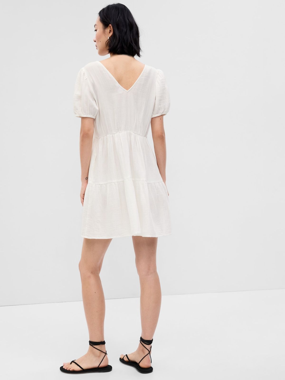 Άσπρο Crinkle Gauze Puff Sleeve Tiered Mini Φόρεμα-595209000
