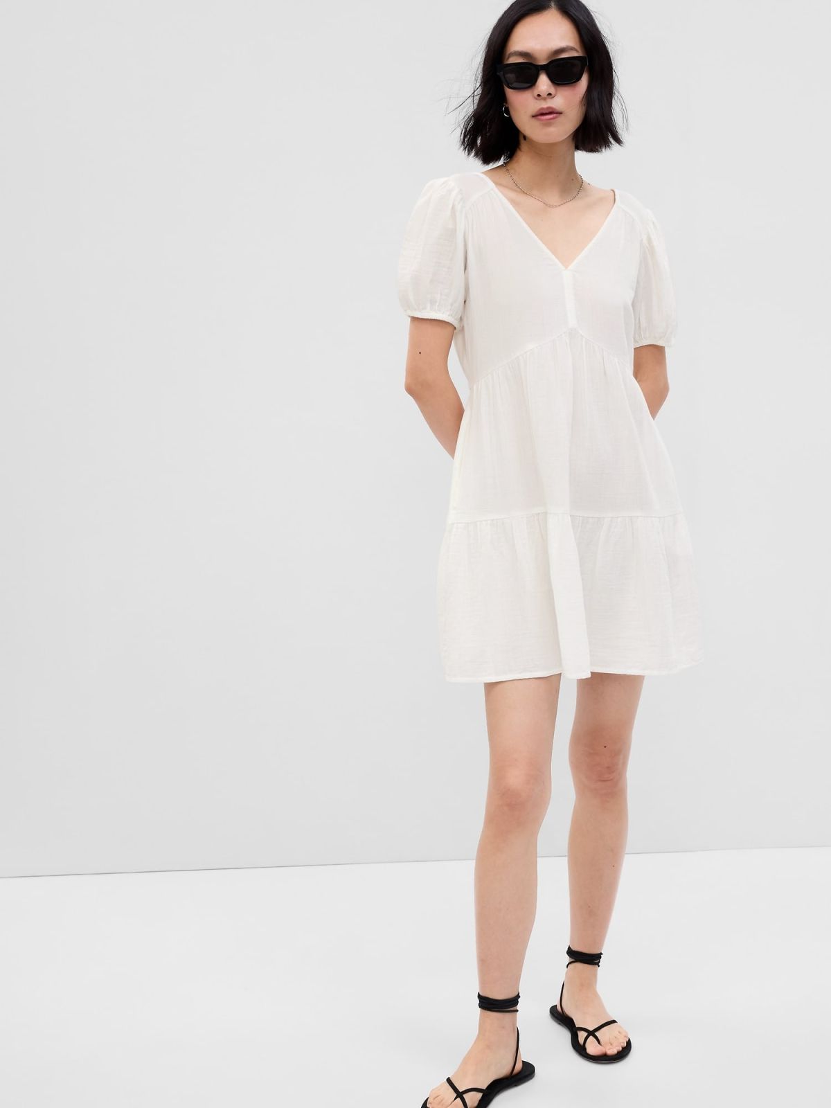 Crinkle Gauze Puff Sleeve Tiered Mini Dress-595209000