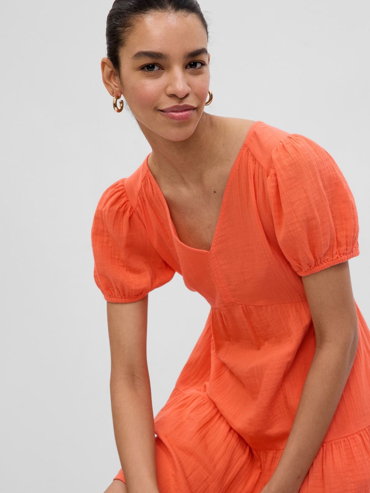 Πορτοκαλί Crinkle Gauze Puff Sleeve Tiered Mini Φόρεμα-595209002