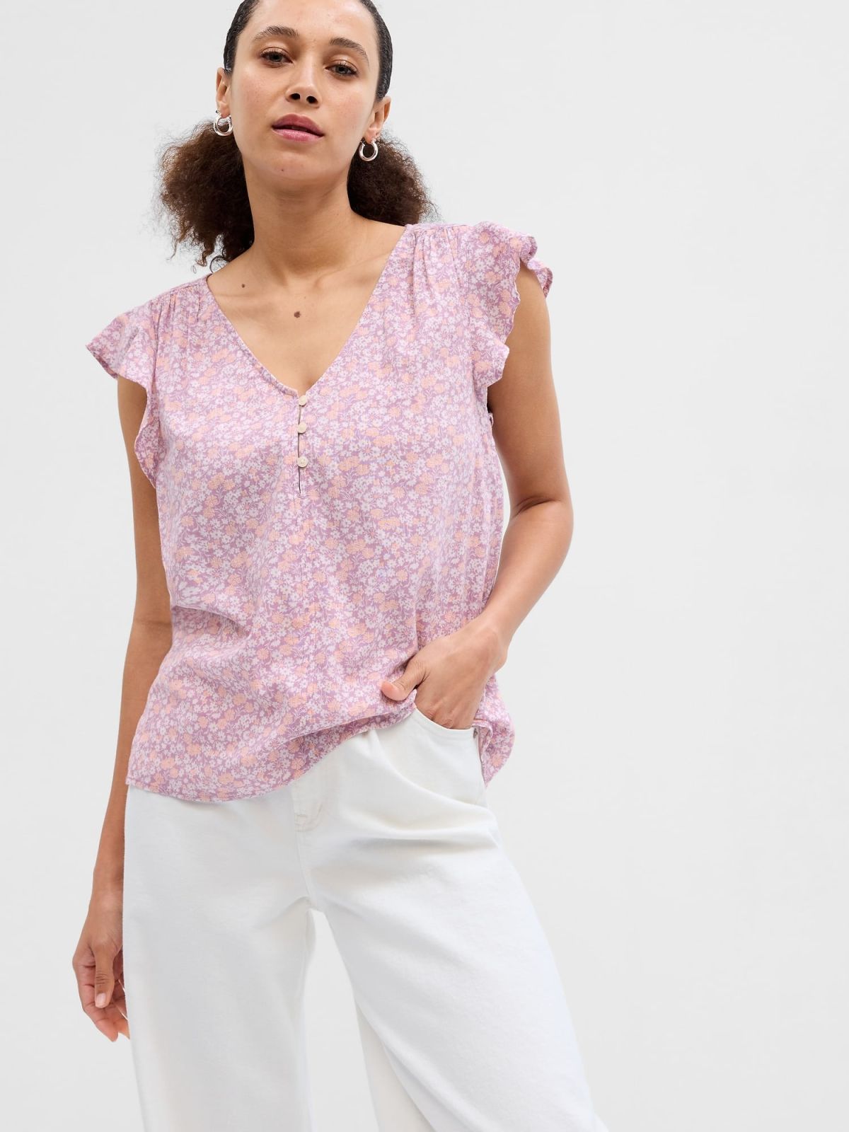 Μωβ V-Neck Flutter Μανίκι Τοπ-585492000